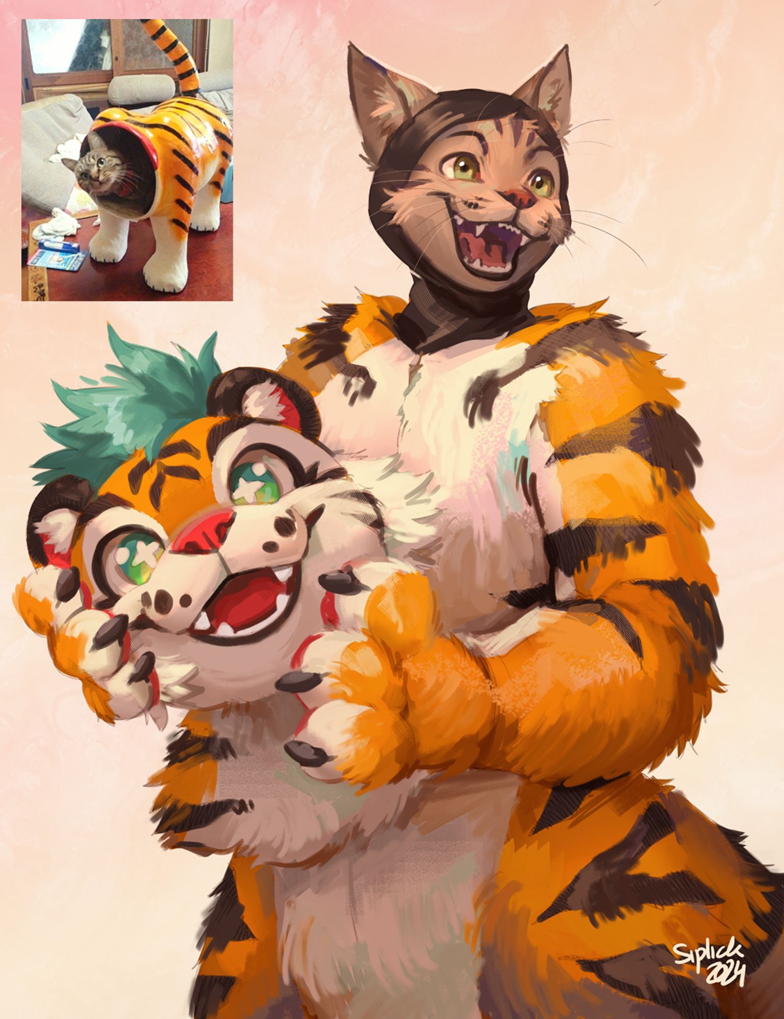 Digital illustration featuring an anthropomorphic tabby cat character wearing a tiger fursuit with its head taken off.