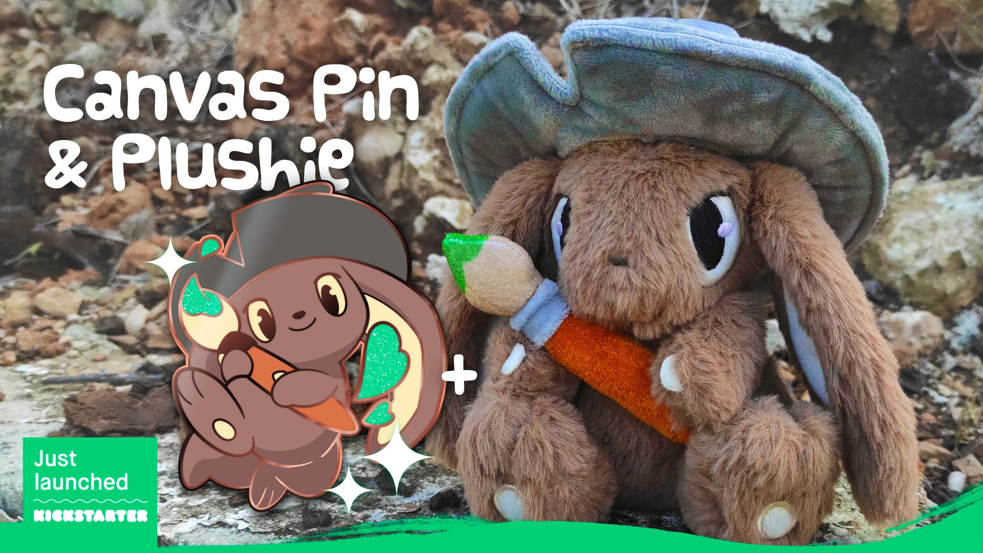 Graphic with an enamel pin mock-up and a plushie photo, both of the same character: a brown, big eared rabbit with a witch hat and a big paintbrush. The text on the graphic reads "Canvas Pin & Plushie / Just launched".