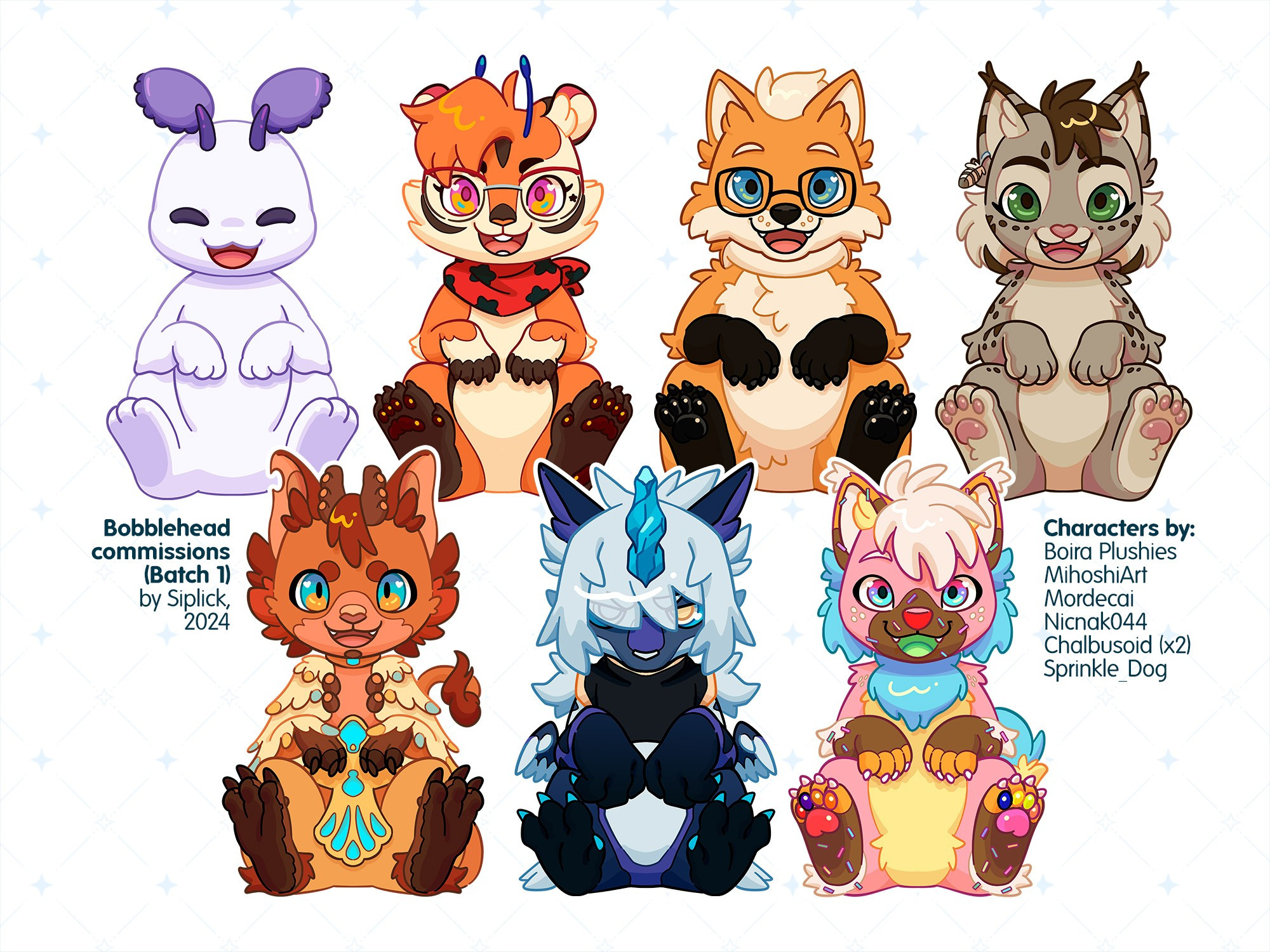 Graphic with 7 different illustrations of different animal and anthropomoprhic characters sitting down, looking at the front, holding their hands/paws in front of them. The text in the image reads "Bobblehead commissions, Batch 1 / by Siplick, 2024" and "Characters by: Boira plushies, MihoshiArt, Mordecai, Kicnak044, Chalbusoid (x2), Sprinkle_Dog".