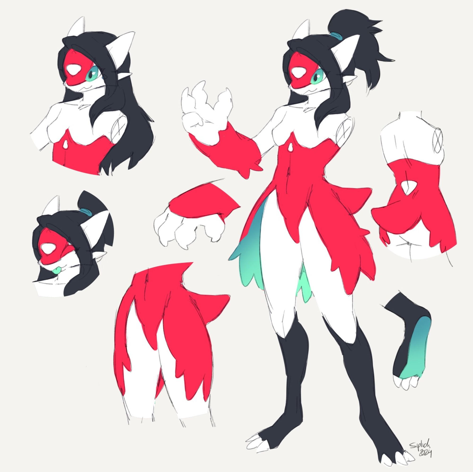 Digital illustration showing an anthropomorphic Latias-inspired character. The drawing shows the character as a full body next to some additional details in her design.