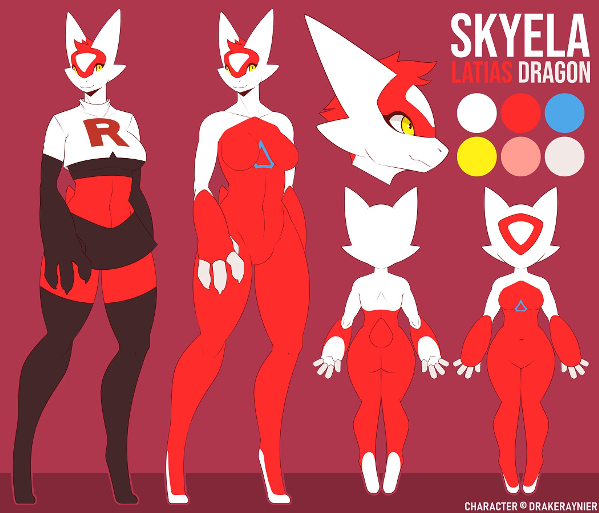 Digital illustration showing an anthropomorphic Latias-inspired character. The drawing shows the character as a full body from various points of view next to her color palette.