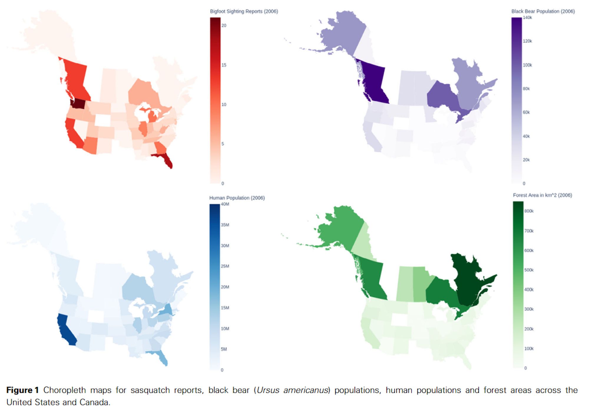 USA and Canada maps for BigFoot sightings, black bear populations, humans and forests