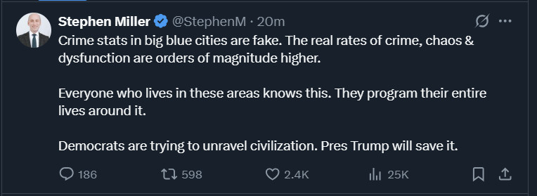 Stephen Miller tweet alleging that "crime stats in big blue cities are fake."