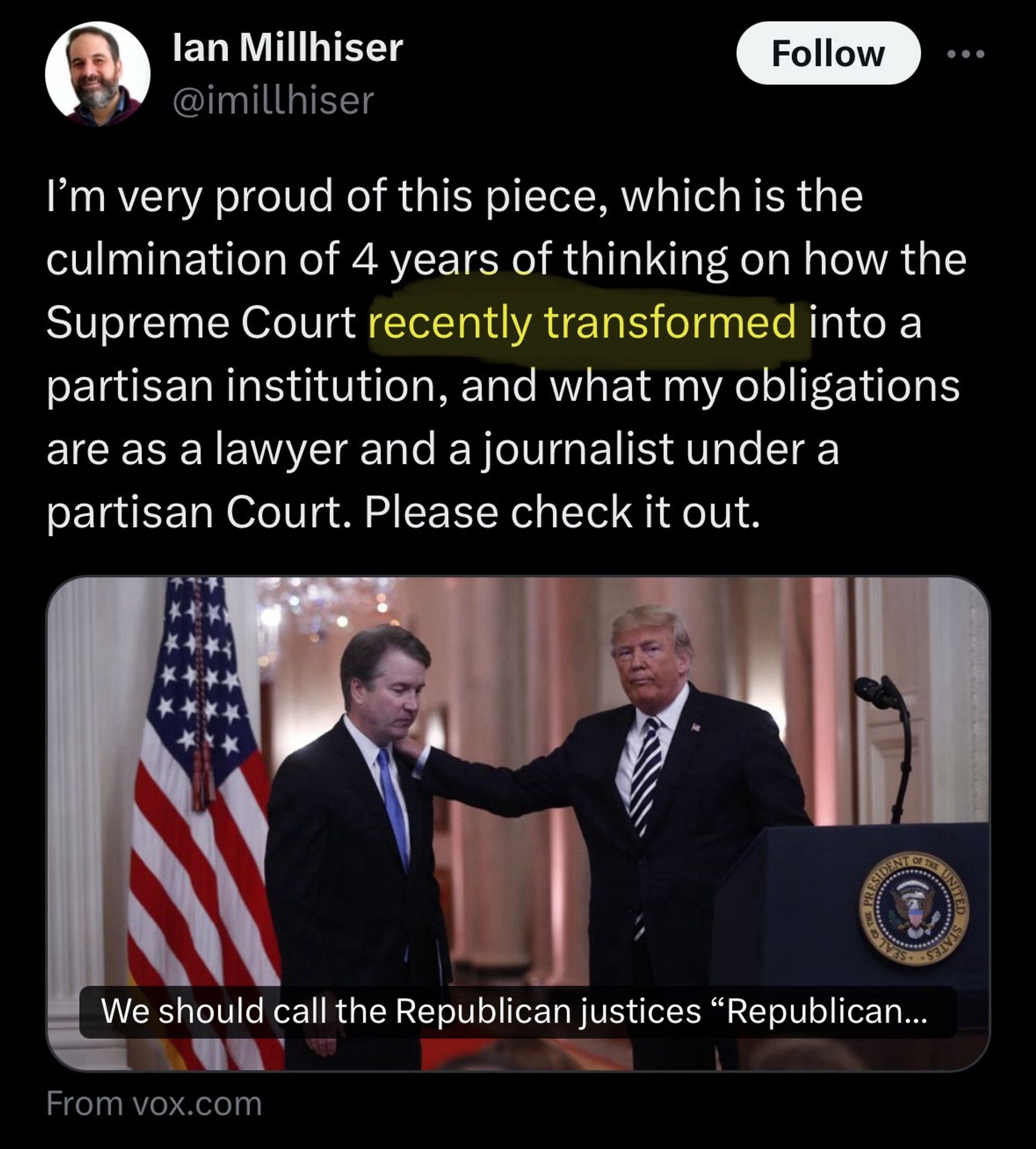 lan Millhiser @imillhiser
Follow
I'm very proud of this piece, which is the culmination of 4 years of thinking on how the Supreme Court recently transformed into a partisan institution, and what my obligations are as a lawyer and a journalist under a partisan Court. Please check it out.