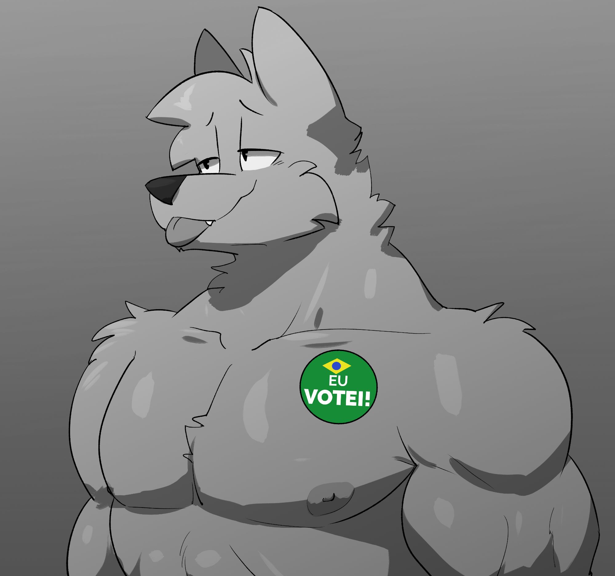 black and white drawing of the buff dog with an "I voted" sticker on his chest