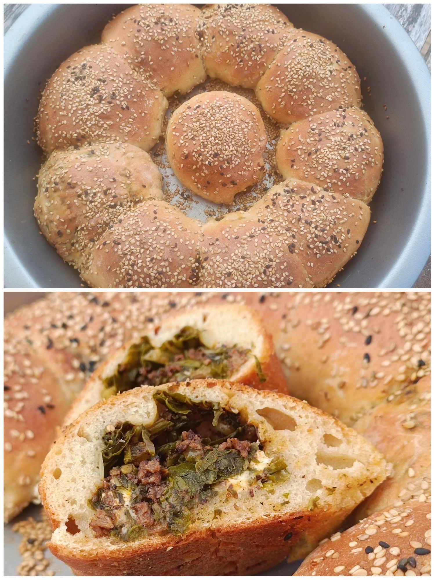 Collage aus 2 Fotos.
Oben ein Kranz aus Brötchen mit Sesam.
Unten ein aufgeschnittenes Brötchen, man sieht die Füllung aus Mangold und veganem Hack.