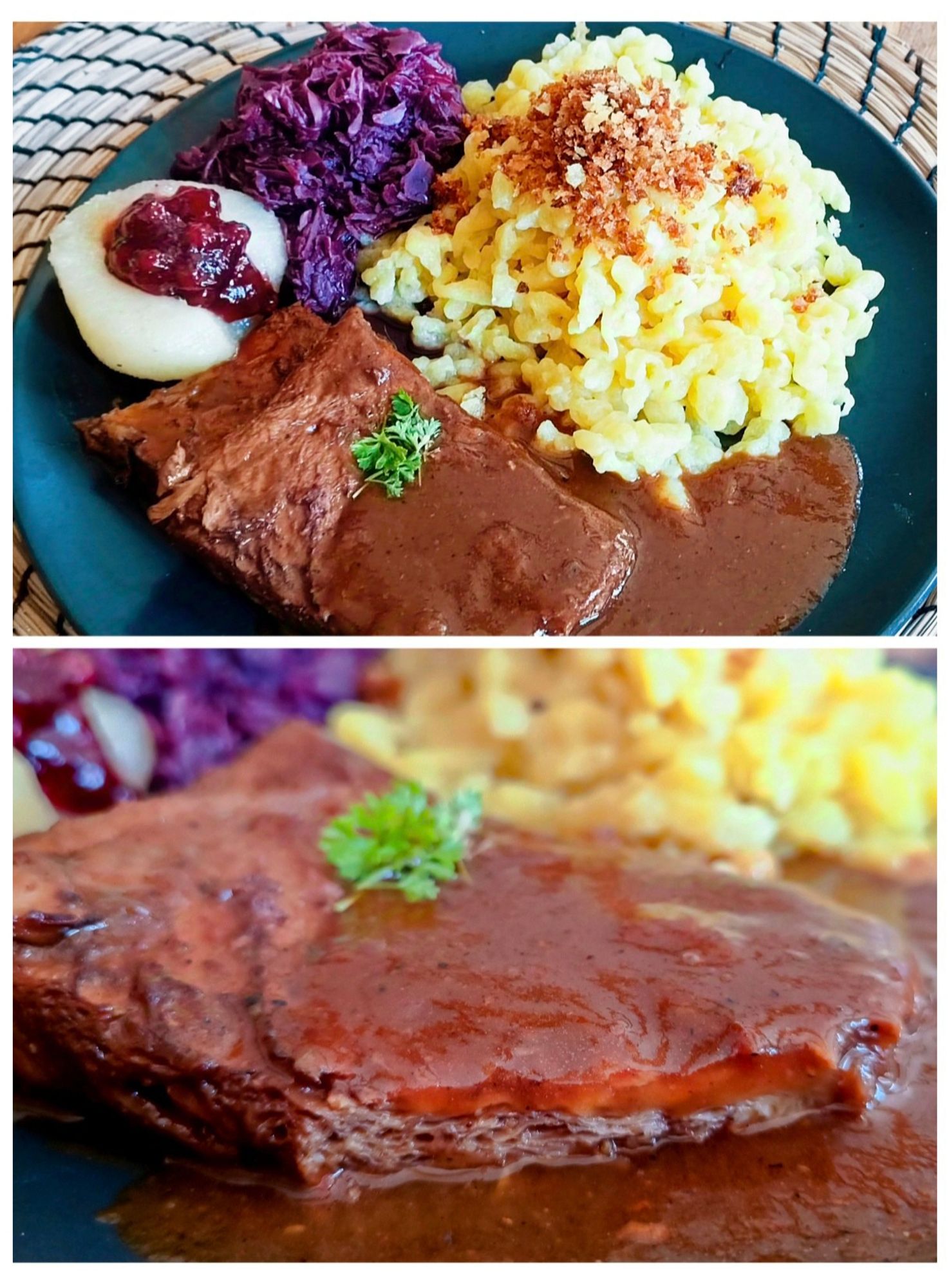 Collage aus 2 Fotos.
Oben ein schwarzer Teller mit 2 Scheiben veganem Sauerbraten, dahinter Knöpfle mit Semmelbrösel sowie Rotkohl. Am Tellerrand eine halbe Birne mit Preiselbeeren.