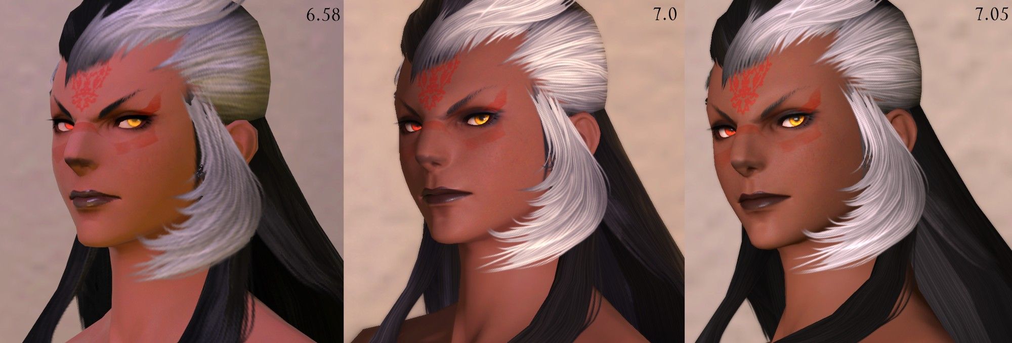 A comparsion of a female roegadyn from Final Fantasy XIV. On the left is her original face from Endwalker's final patch, sporting a dark nose mark, sharp features, and mysterious coloured eyes. The other two image are the same character, but supposedly updated. Her entire facial features have changed and been rounded/softened, with black pupils and a lack of a nose mark that is clearly defined.