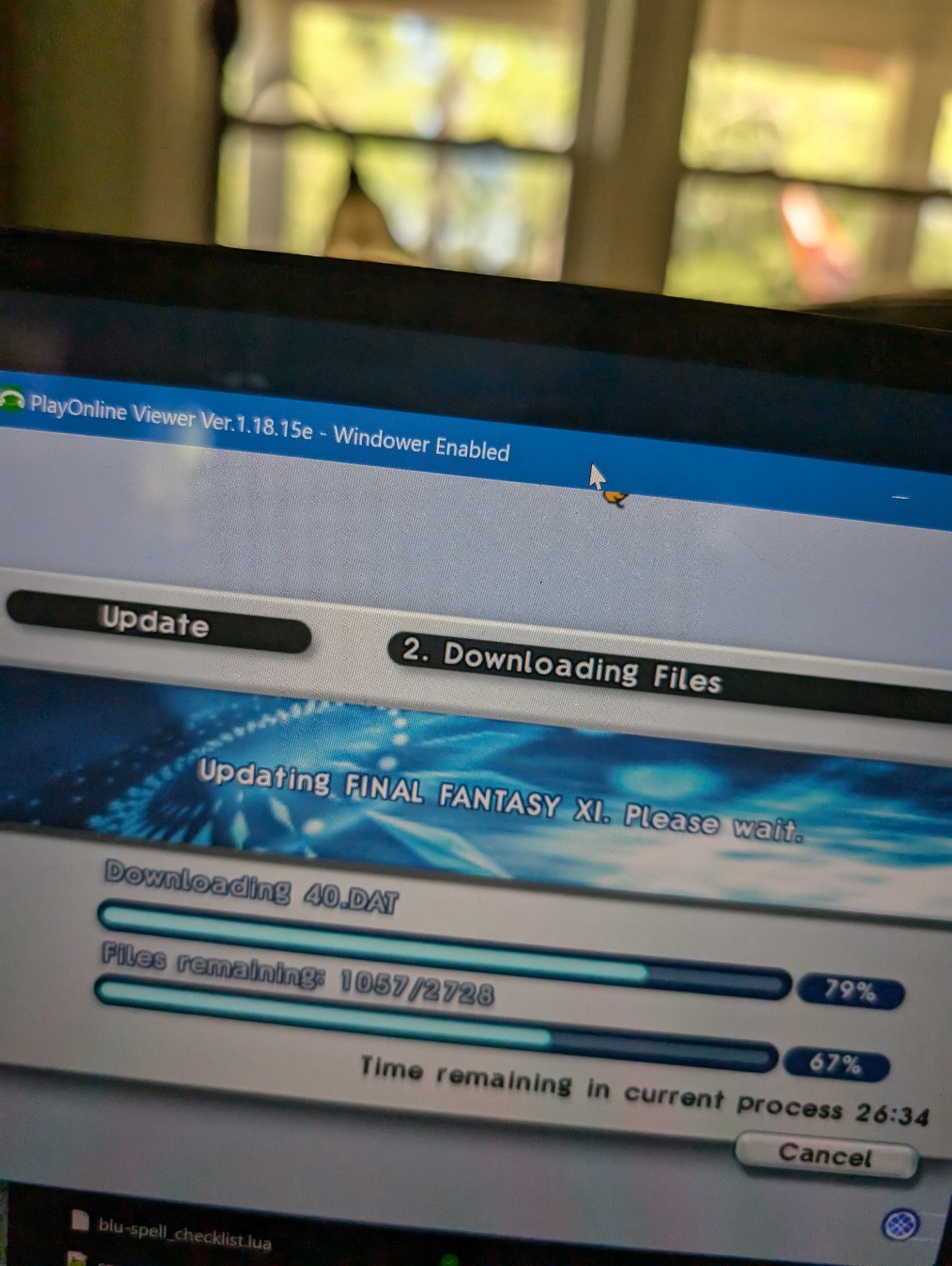 PlayOnline Viewer, the launcher app for Final Fantasy XI, performing an update. It has 26mins estimated time remaining for 1,057 files to be downloaded. This is funny because they run the patch servers using late 90s network infrastructure.