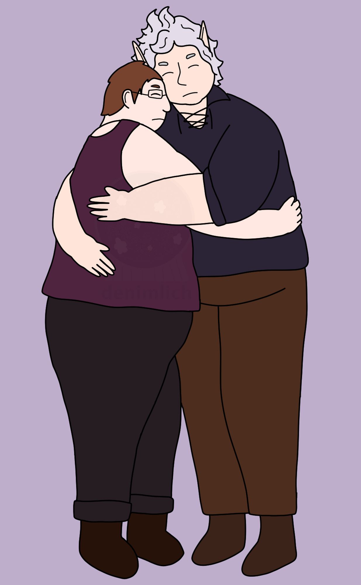 A digital fullbody drawing of my self insert Barry and Astarion from Baldur's Gate 3. The two are hugging, both with eyes closed and slight frowns on their face as Astarion is trying to comfort Barry.