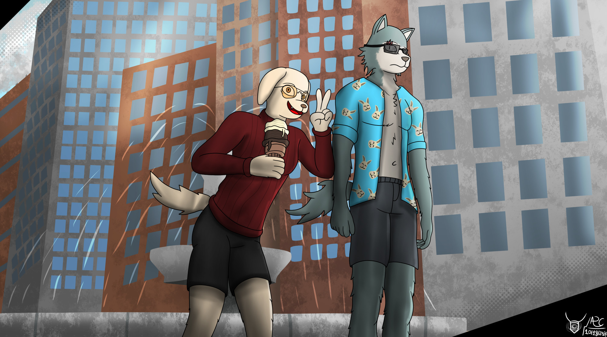 Jack leaning forward, holding an ice cream cone with chocolate and vanilla scoops, Legosi is standing next to him, he is wearing a shirt that has cartoony Haru faces on it.

// Notes:
I watched almost the entirety of Beastars season 1, it didn't really hook me into it as much as I hoped it would, but honestly, I don't think anime can really do that for me, so I don't blame the show itself, It's a good, well-written show, pretty underrated too, but I'm sure a lot of people write it off though since it involves furries, which probably isn't their thing, which is unfortunate.