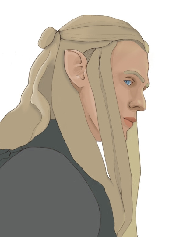 Sauron side on with long blond hair, partially pulled back into a hair bow at the crown of the head, with the rest falling down his shoulders and in front of his pointed elf ears. Most of his face is in shadow, with the light coming from the back. He is wearing a black outfit.