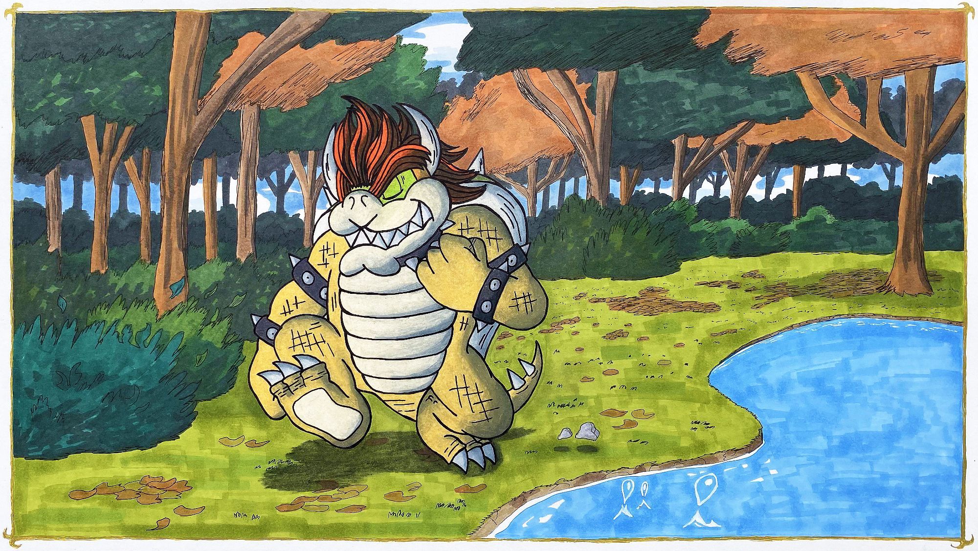 A panoramic drawing of the great and sexy King of Koopas himself, Bowser! He's just enjoying a leisurely stroll on nice day.