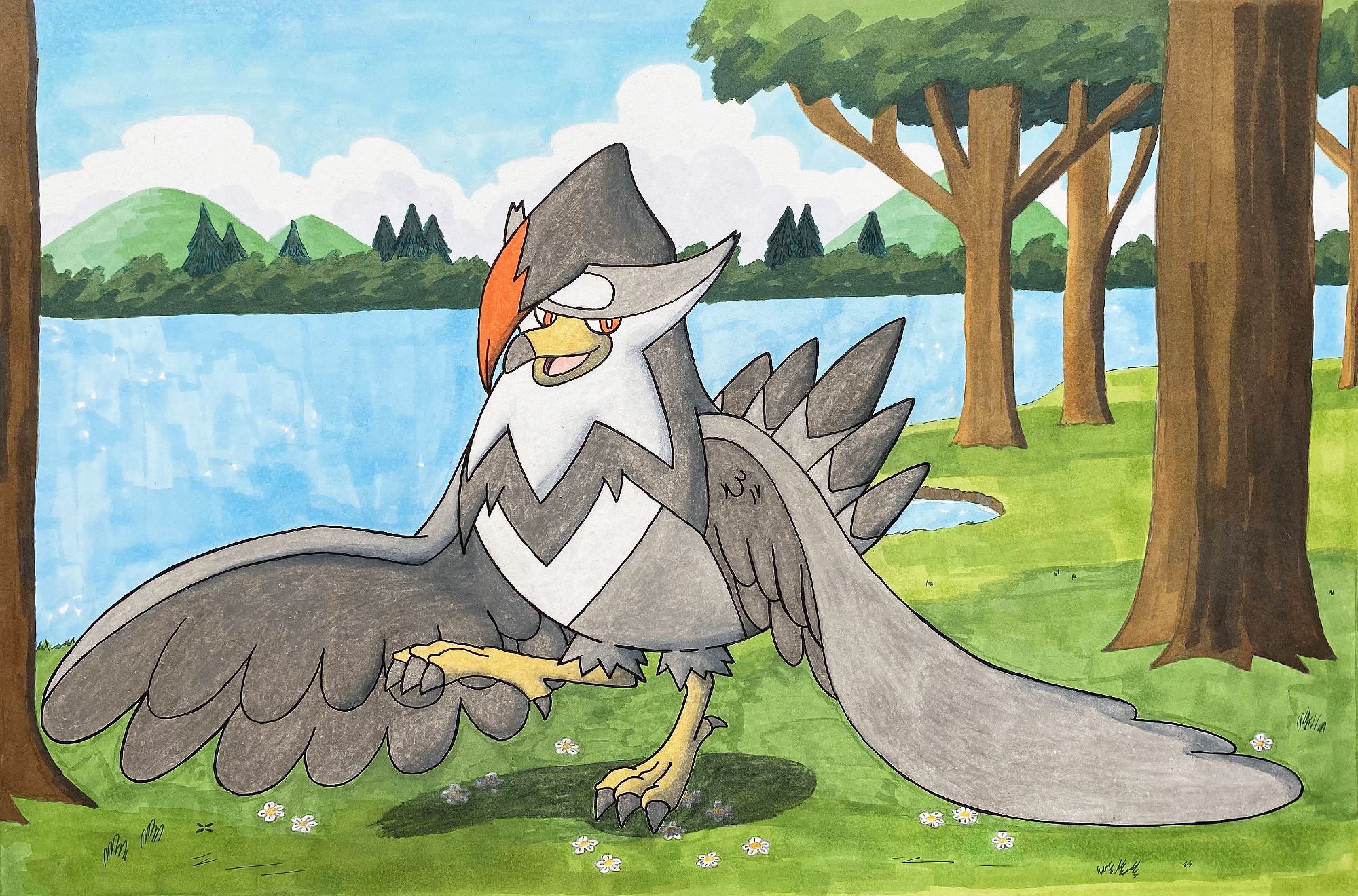 A drawing of the Pokémon, Staraptor strolling along the lakeside! Such a happy bird!