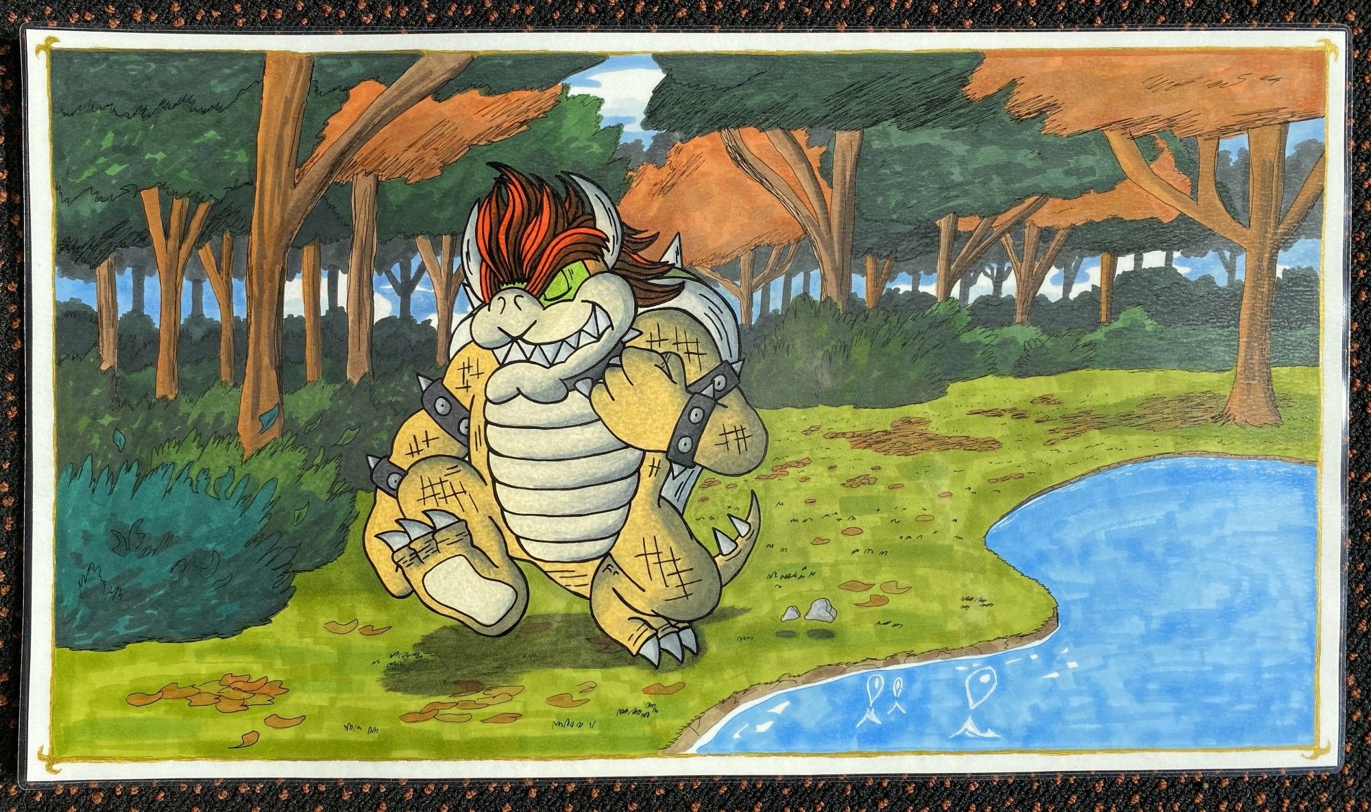 A drawing of the great and sexy King of Koopas himself, Bowser! He is enjoying a nice leisurely stroll.