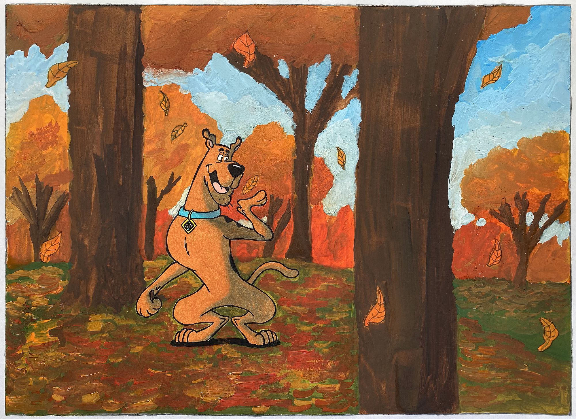 A drawing of Scooby Doo in the Autumn season!