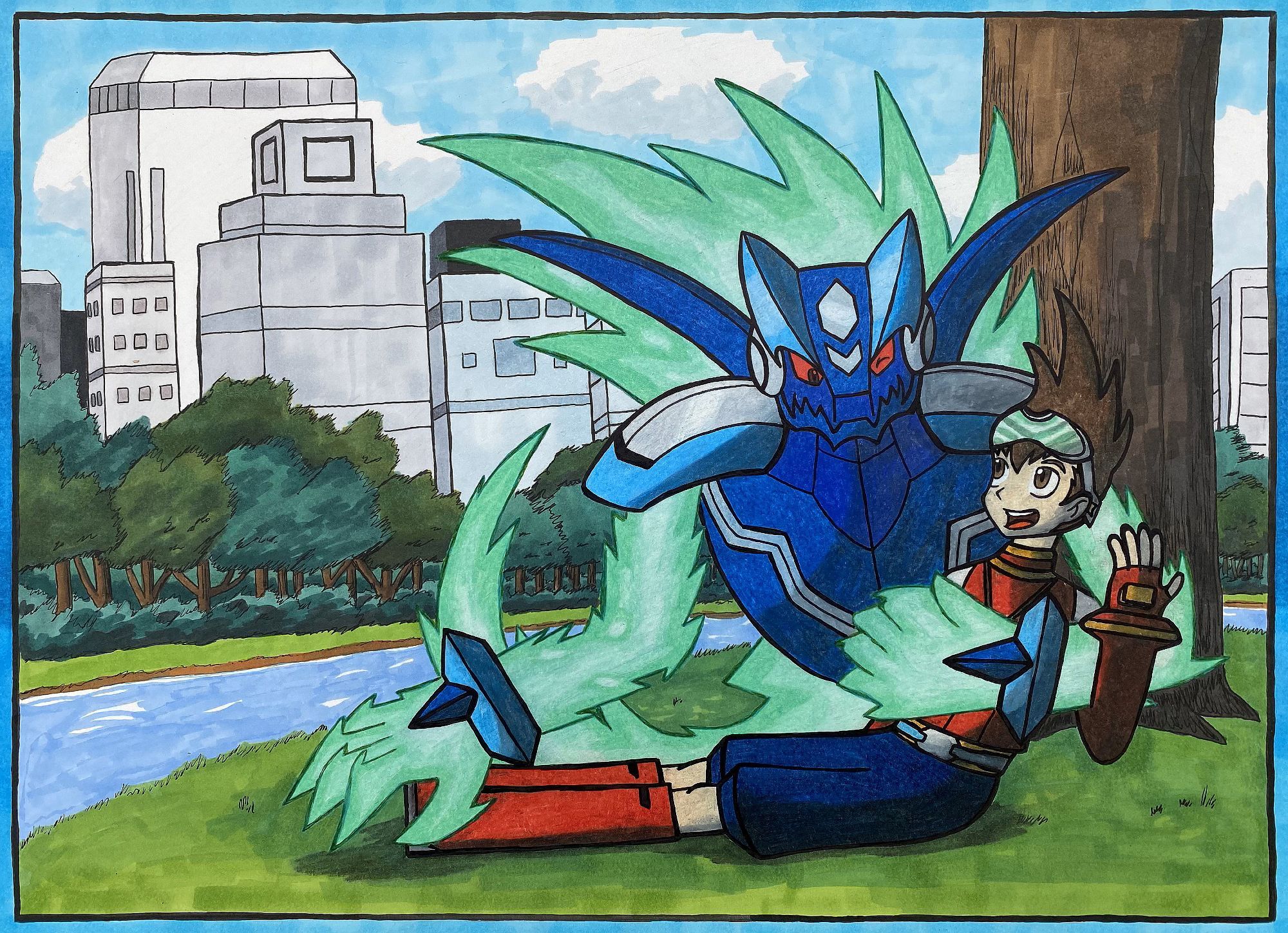 A drawing of Geo Stelar and Omega-Xis from Mega Man Star Force! They are like brothers.