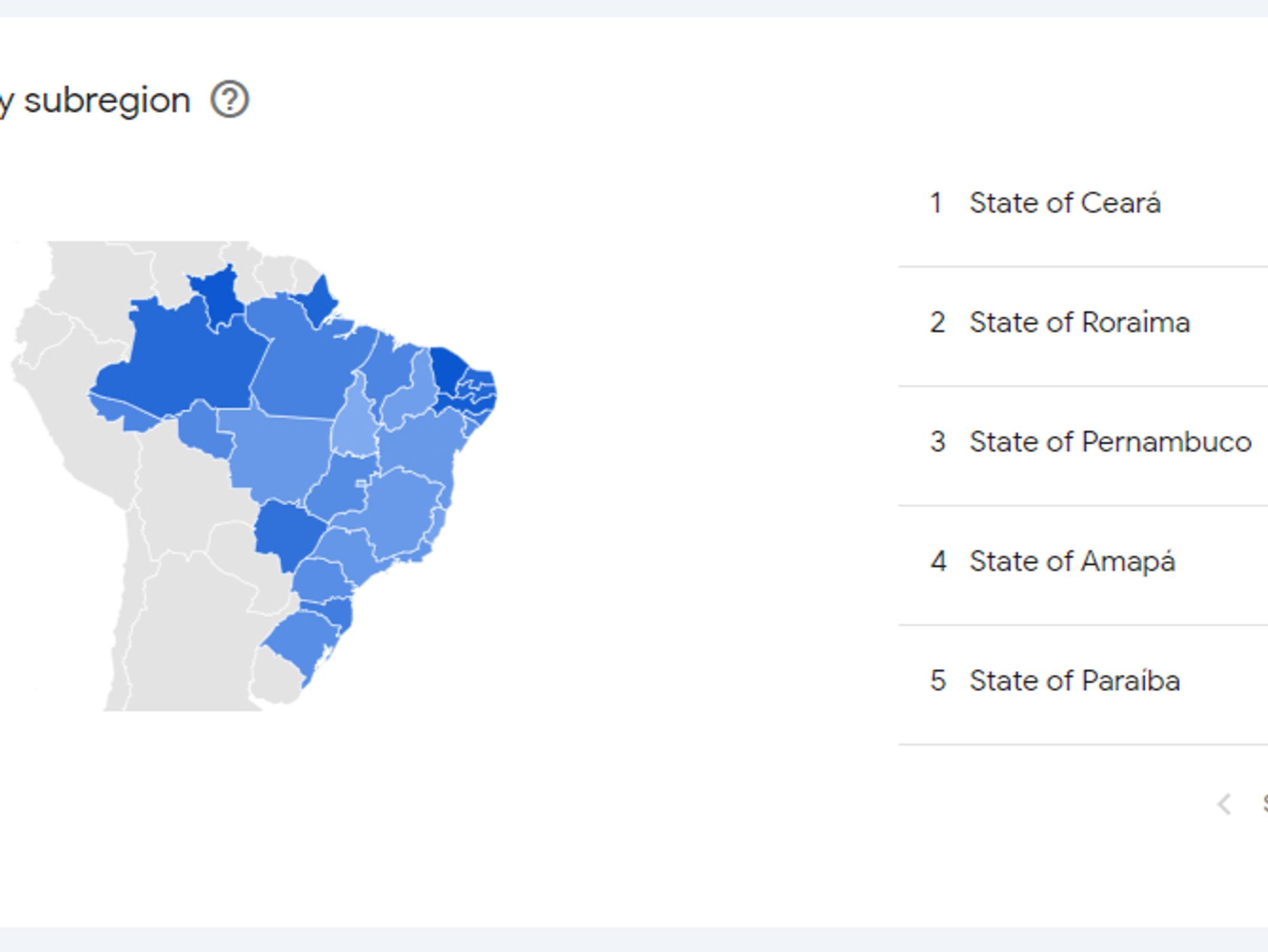 A cropped screencap of google trends showing the activity map for "furry porn" in Brazil.