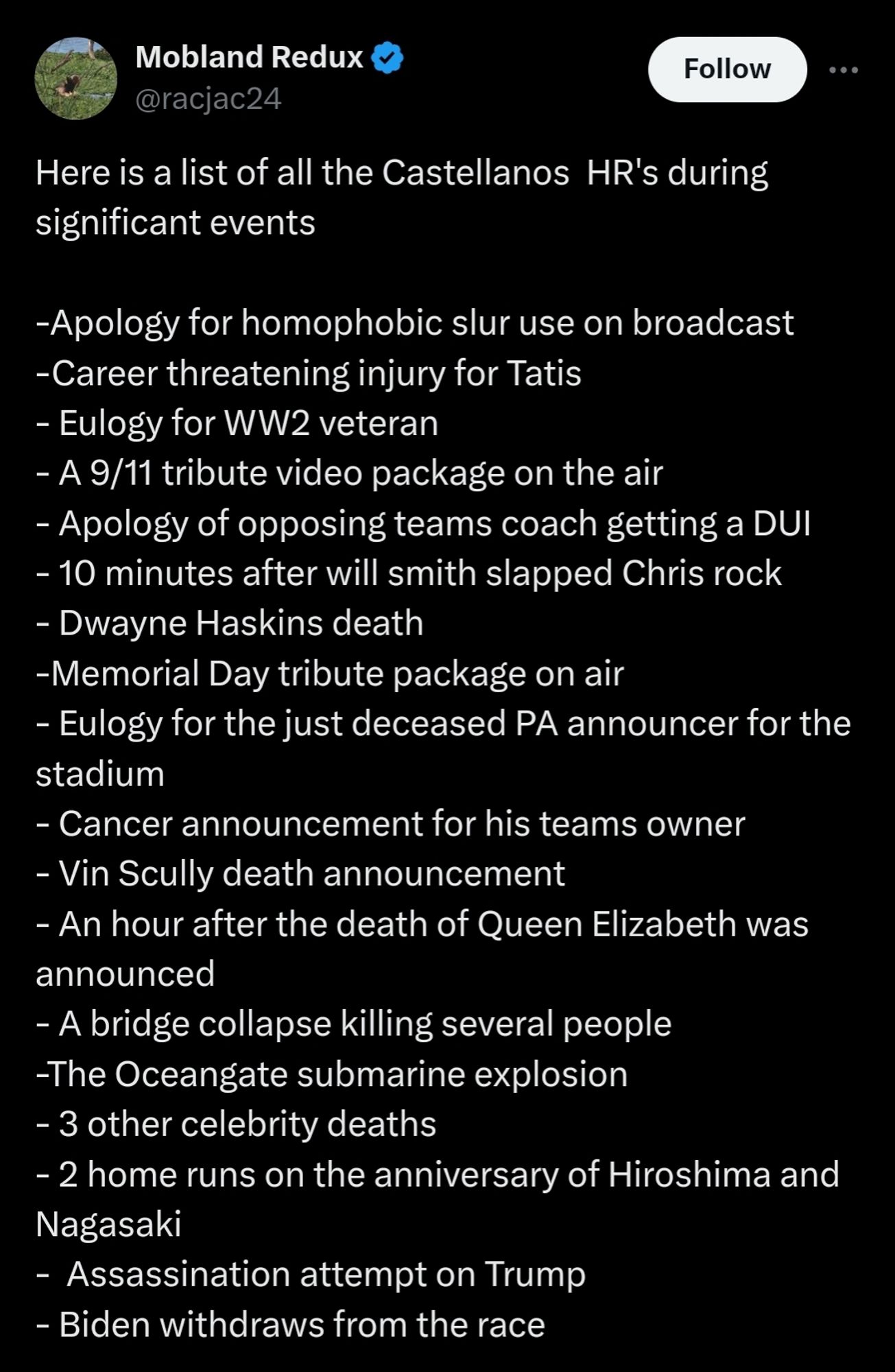 Mobland Redux
@racjac24
Here is a list of all the Castellanos  HR's during significant events

-Apology for homophobic slur use on broadcast
-Career threatening injury for Tatis
- Eulogy for WW2 veteran
- A 9/11 tribute video package on the air
- Apology of opposing teams coach getting a DUI
- 10 minutes after will smith slapped Chris rock
- Dwayne Haskins death
-Memorial Day tribute package on air
- Eulogy for the just deceased PA announcer for the stadium
- Cancer announcement for his teams owner
- Vin Scully death announcement
- An hour after the death of Queen Elizabeth was announced
- A bridge collapse killing several people
-The Oceangate submarine explosion
- 3 other celebrity deaths
- 2 home runs on the anniversary of Hiroshima and Nagasaki
-  Assassination attempt on Trump 
- Biden withdraws from the race