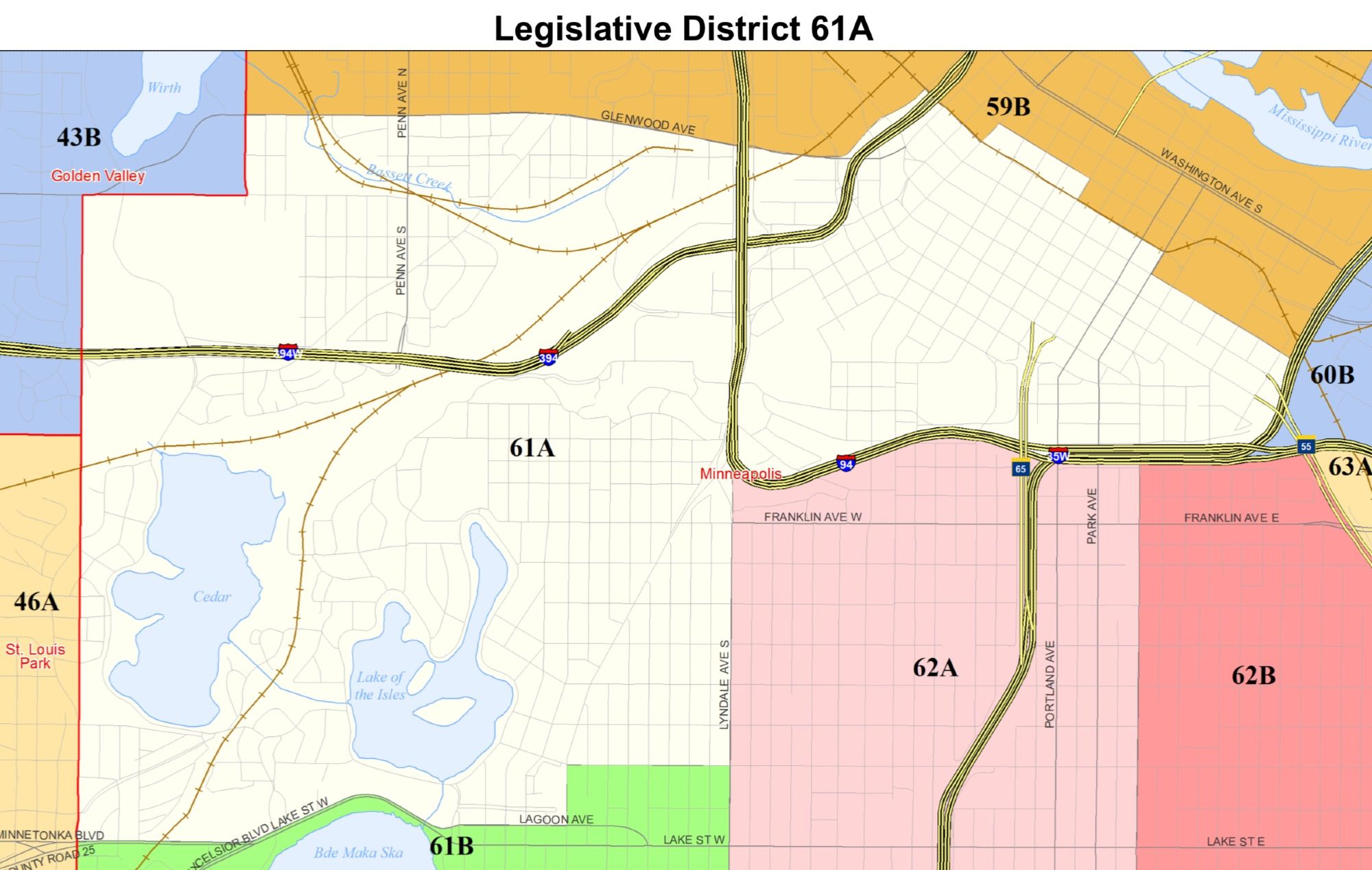 Minnesota House District 61A, which includes downtown Minnesota south of roughly 5th street, Loring Park, Bryn Mawr, Kenwood, most of the Wedge & neighborhoods around Cedar Lake & Lake of the Isles/