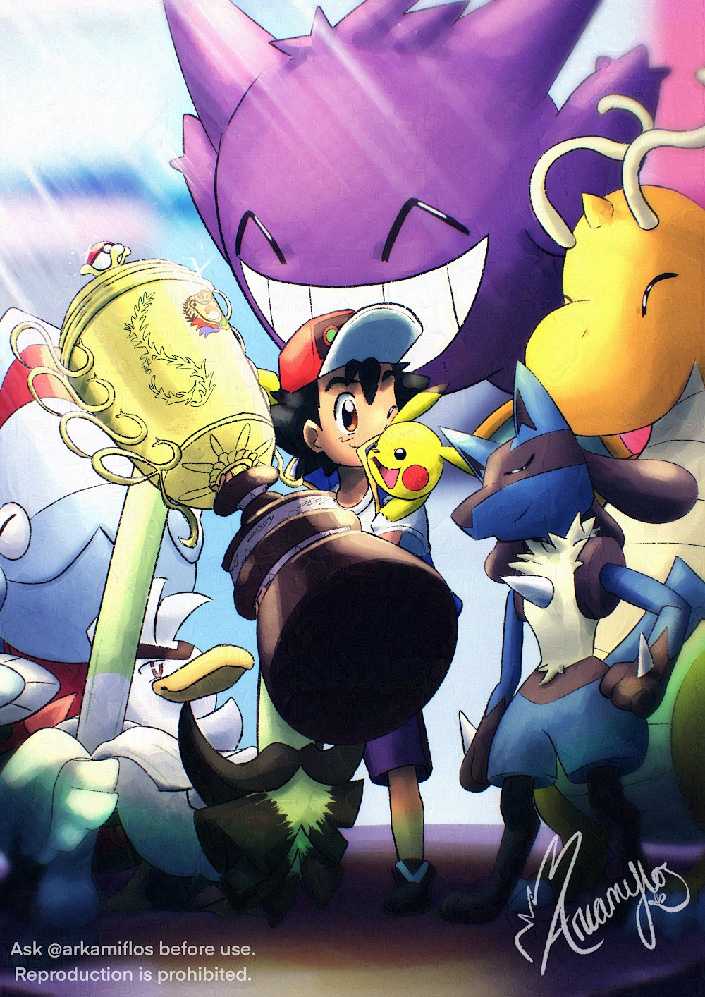 fan-art of JN132. Ash is in the center of the piece, holding up the World Champion trophy. Pikachu is on his shoulder, having moved from one to the other and looking at the trophy. Ash is looking at Pikachu. To their right, Lucario is stood proudly with Dragonite looking happily behind it. To the left of the piece, Sirfetch’d is using its sword to help prop up the trophy. Behind Sirfetch’d is Dracovish, looking at the trophy. Behind Ash is Gengar, who is moving forward towards Ash with a happy expression and a wide grin.