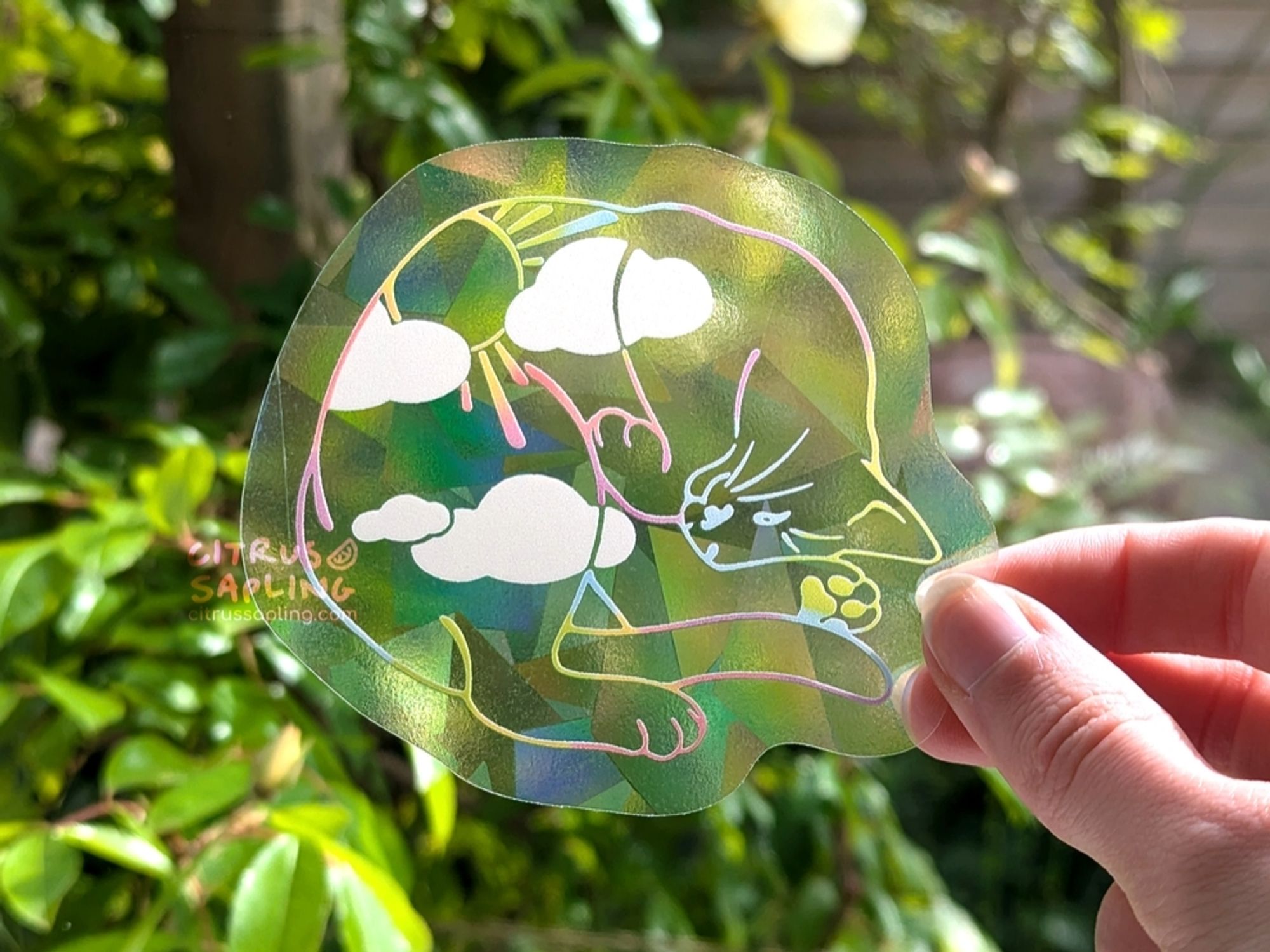 A suncatcher featuring a curled up cat, drawn with rainbow lines with clouds inside. It's held against a leafy green background