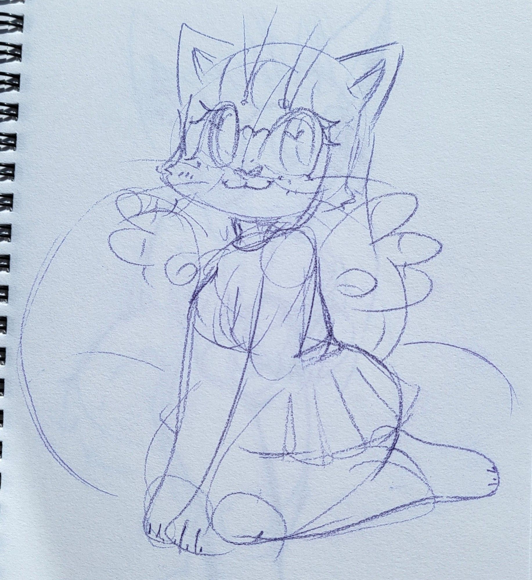 Anthropomorphic cat girl. She has a heart shaped ahoge on the top of her head and a leaf sprout from her hairs side piece on the right. She has a blunt fringe and long hair. She's kneeling on the ground with her paws on the ground looking at the viewer. She's wearing a top with and a pleated kirt