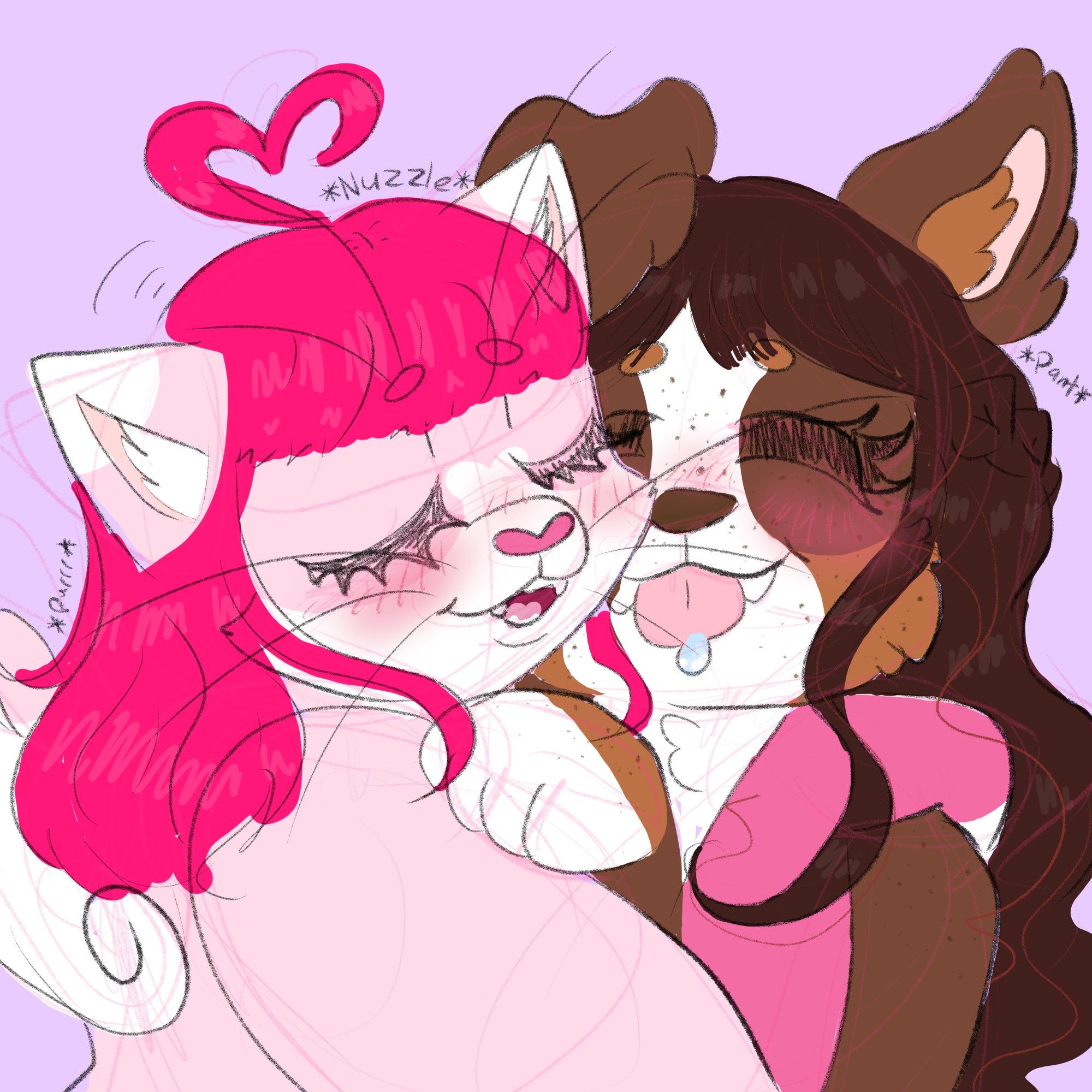 A pink anthro cat girl has her arms over a brown anthro dog girls shoulders, as she nuzzles her. they both happily have their eyes closed. the dog girl has her paws on the cat girls shoulders.