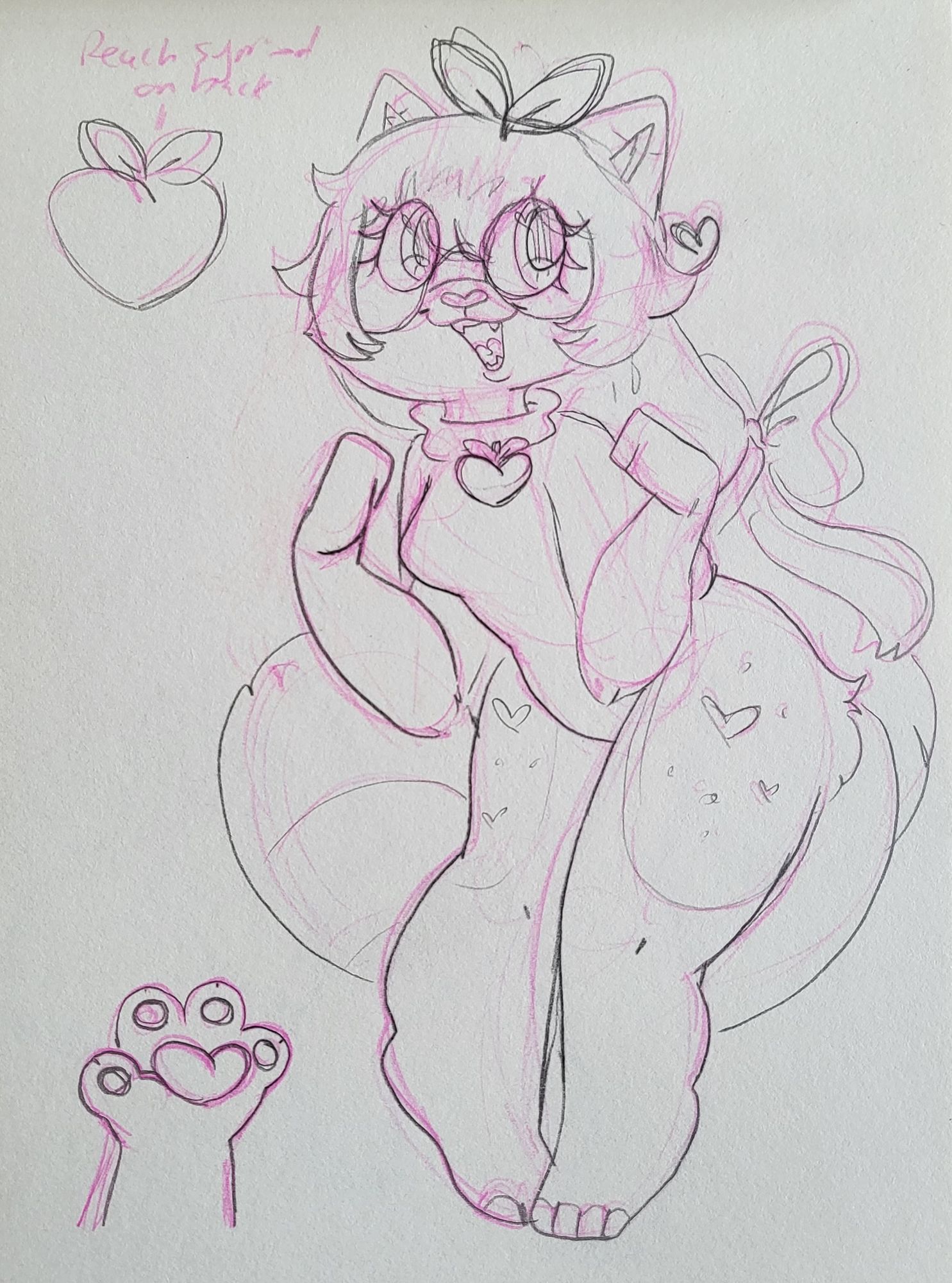 Sketch of an anthropomorphic cat girl, she has a leaf sprout on top of her head and a bow in her long hair.