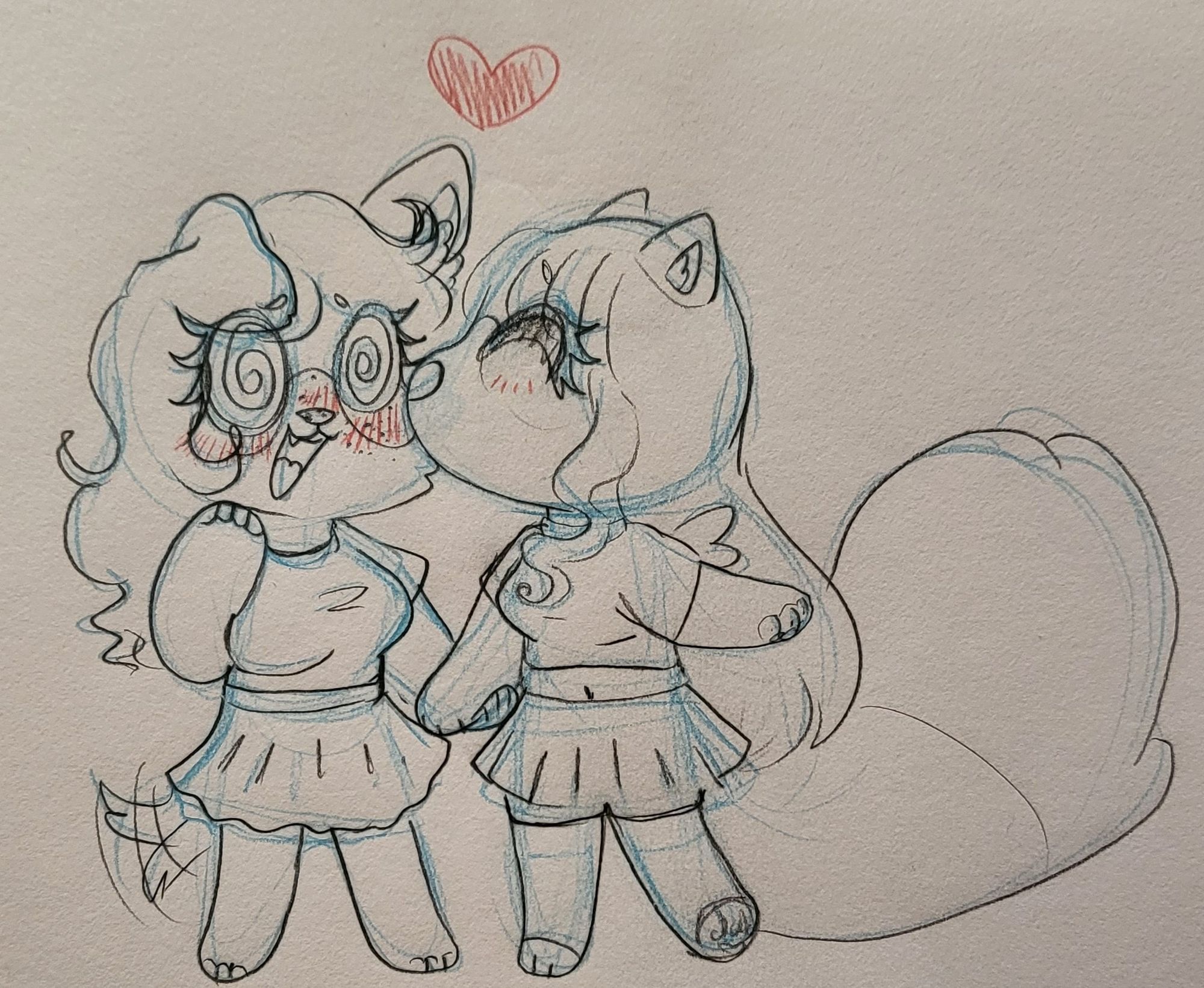 Anthropomorphic cat girl, kissing Anthropomorphic dog girl on the cheek. Dog girl is blushing and has dizzy swirled eyes, she's wagging her tail