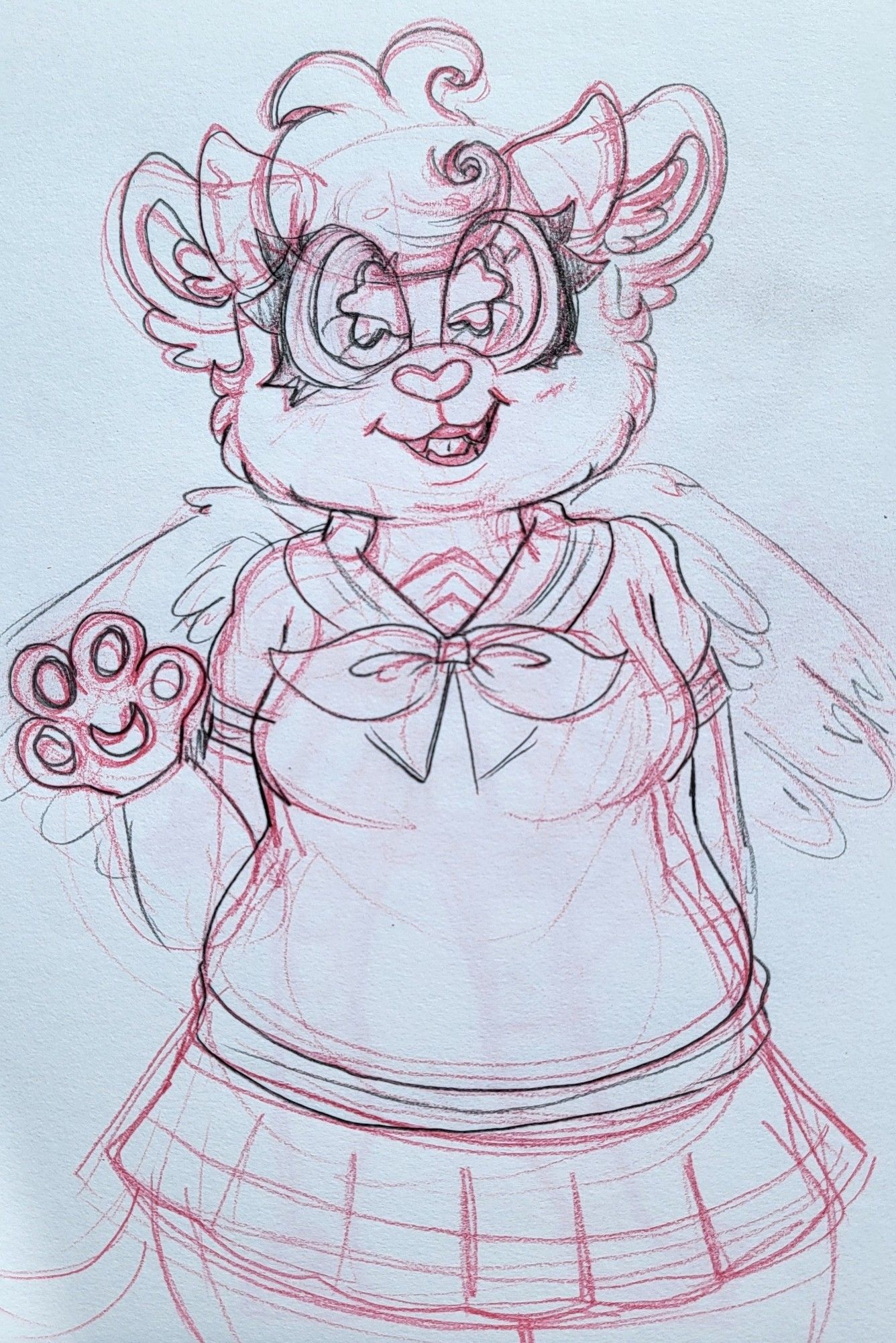 Female furry girl wearing a sailors uniform. She has 2 short stubby horns on the top of her head, and small fluffy ears. She has small wings and a fluffy tail. Her eyes have star shaped pupils