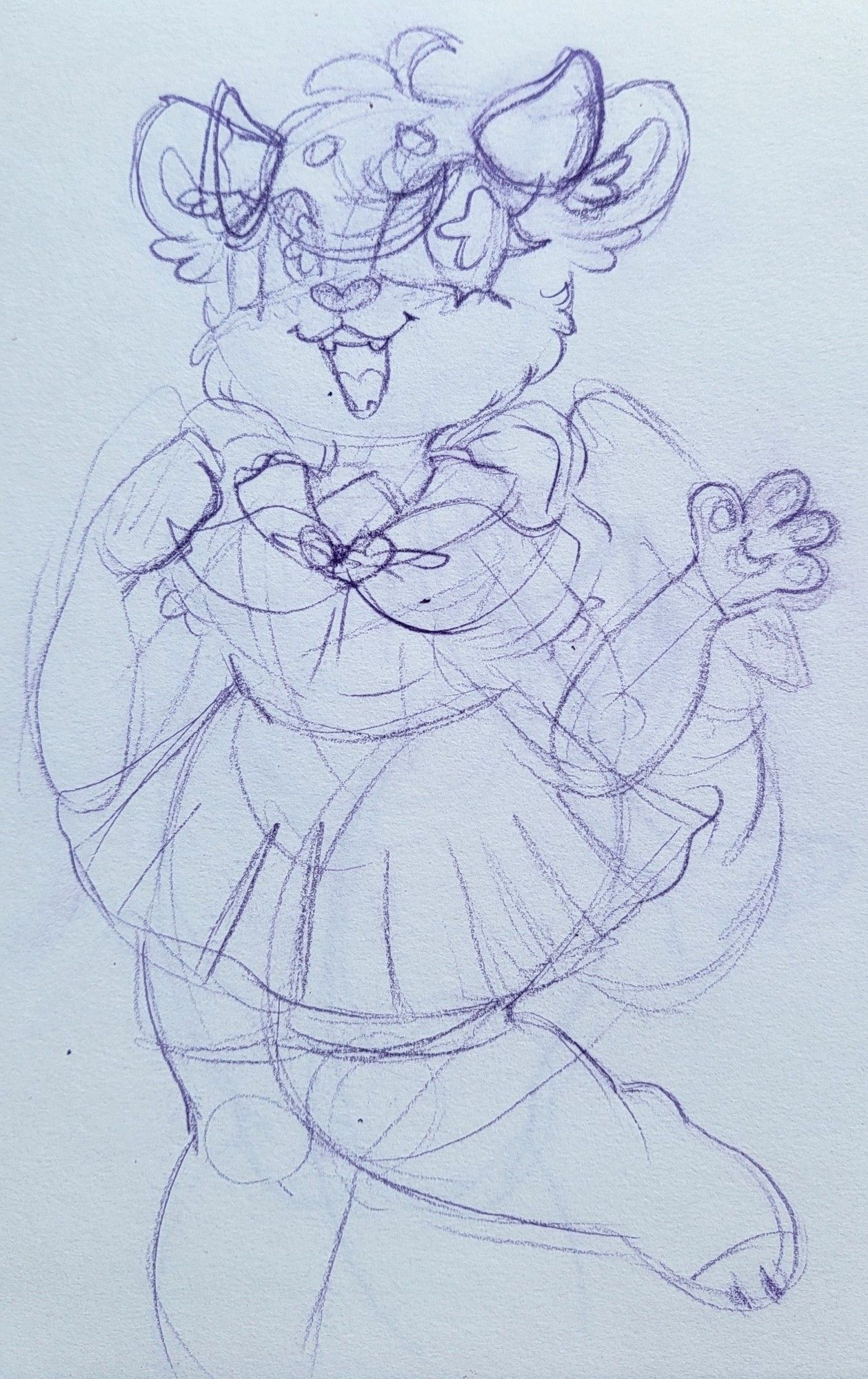 Female furry girl wearing a sailors uniform. She has 2 short stubby horns on the top of her head, and small fluffy ears. She has small wings and a fluffy tail. She's wearing thigh highs that are cut at the toes, so you can see her paws.her eyes have star shaped pupils