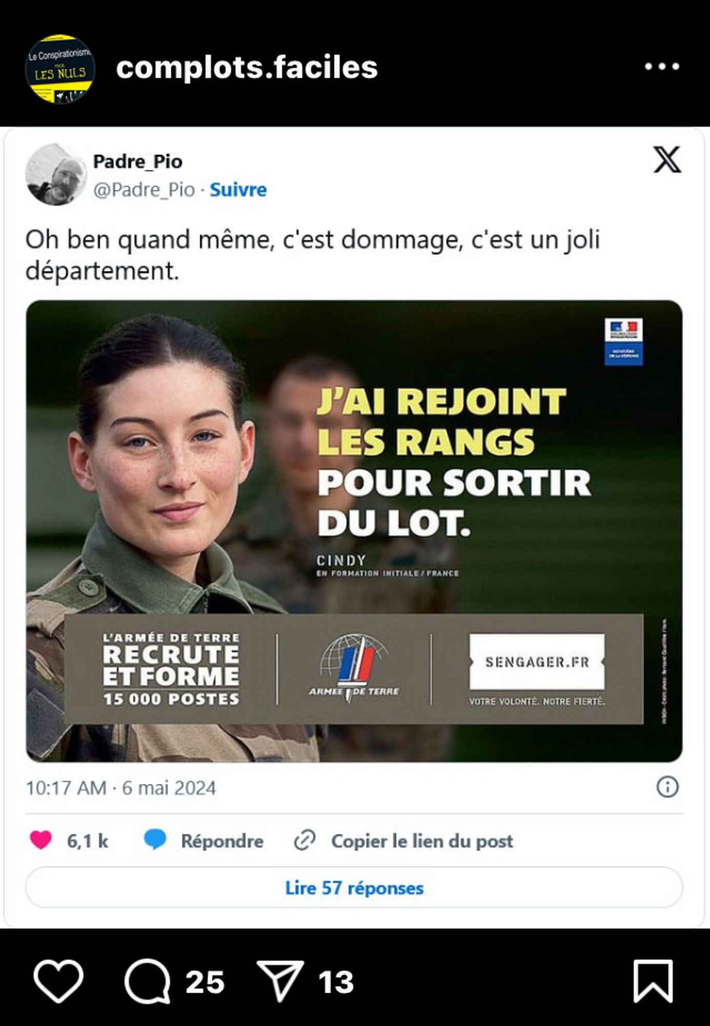 Publicité pour l’engagement dans l’armée. „J’AI REJOINT LES RANGS POUR SORTIT DU LOT“ avec la réponse du Padre „Oh ben quand même c’est un joli département“