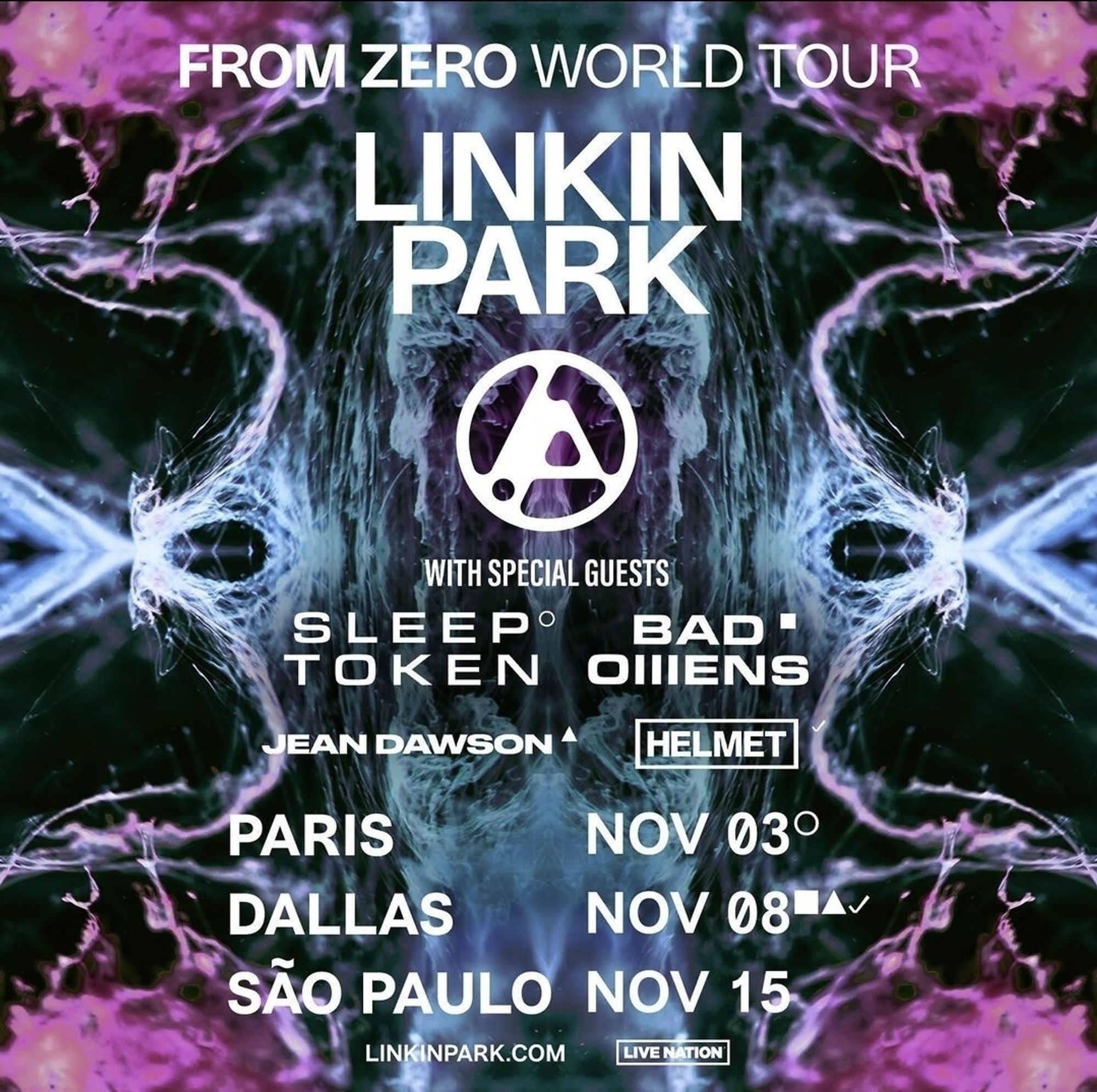 Cartaz com novas datas da turnê From Zero do Linkin Park: Paris 03 de novembro, Dallas 08 Novembro e 15 de novembro em São Paulo