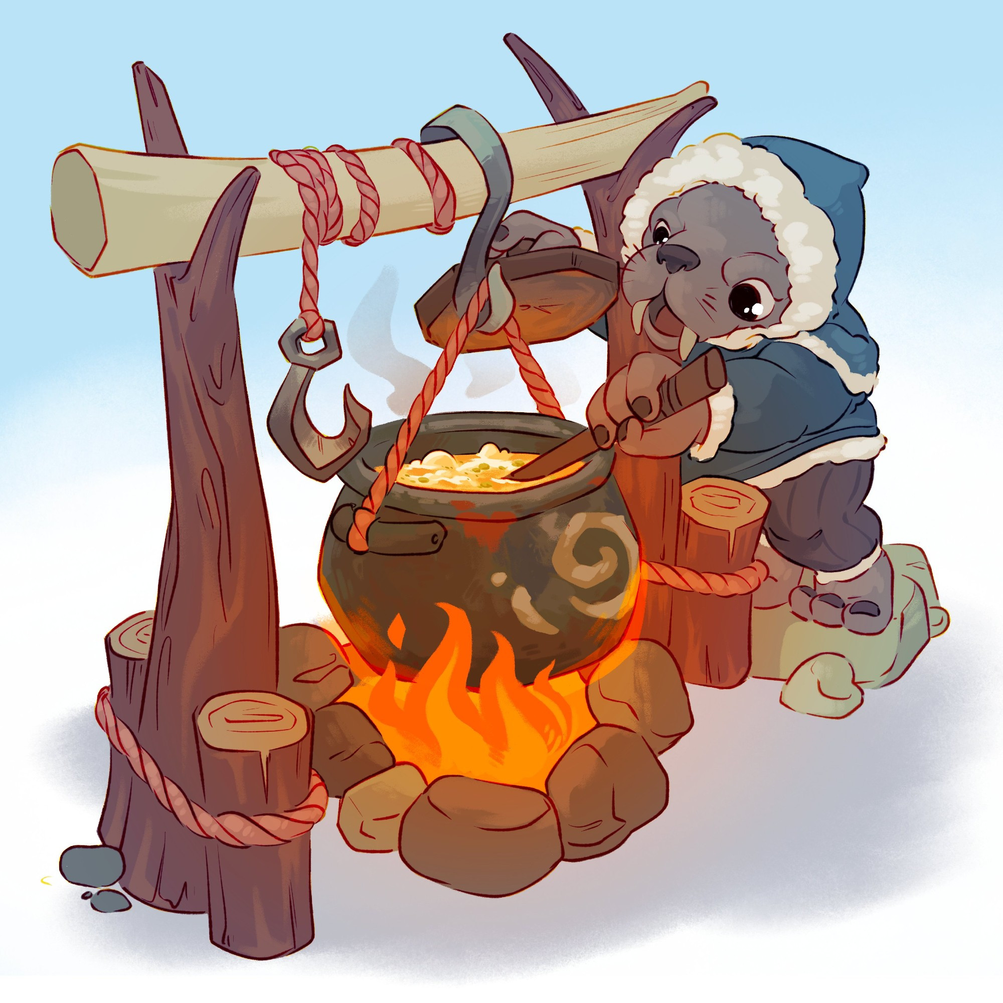 baby tuskarr with a pot of soup