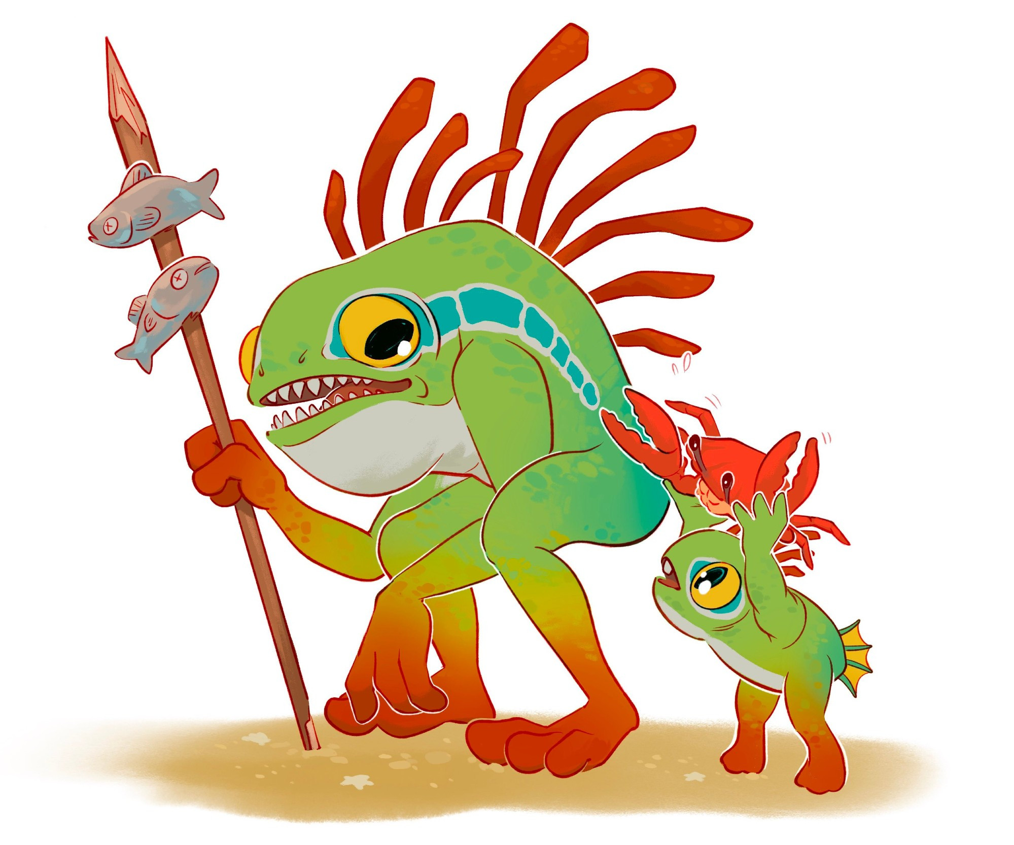 baby murloc holding crab and showing an adult murloc