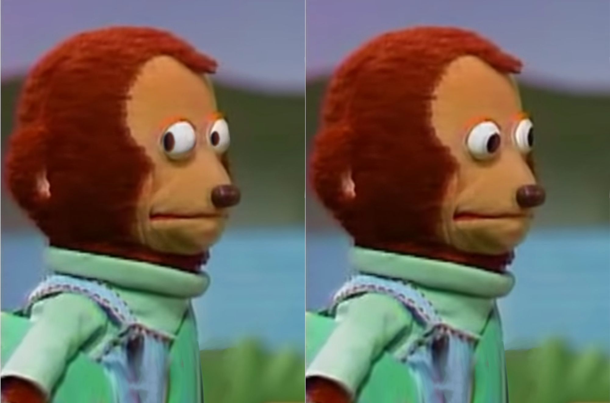 a puppet of a monkey looking very awkward in two images