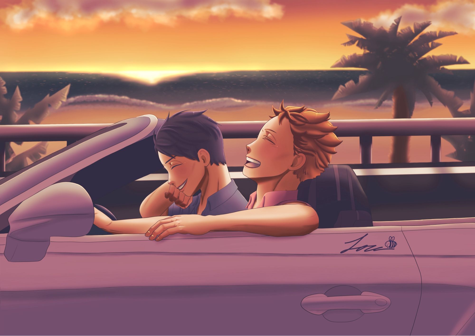 Hinata and Kageyama laughing together as Hinata drives the convertible they are in toward their resort destination. The sun is setting along the beach in the background and bathing everything in an orange light.