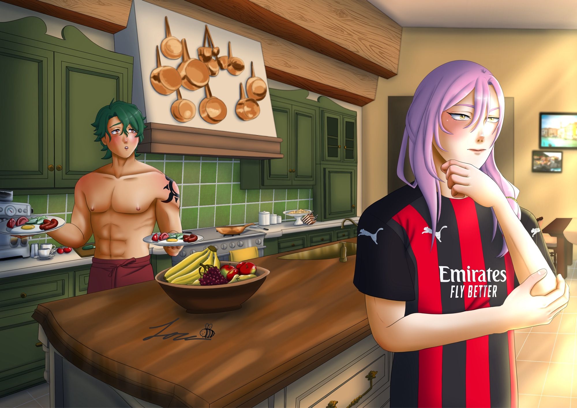 Kojiro and Kaoru stand in Kojiro’s rustic apartment kitchen. Kaoru wears Kojiro’s football strip and has his back to him as he blushes and looks out a window. Kojiro stands at the stove, topless with a waist apron on, partially turned holding two plates loaded with breakfast in each hand as he stares longingly at Kaoru.