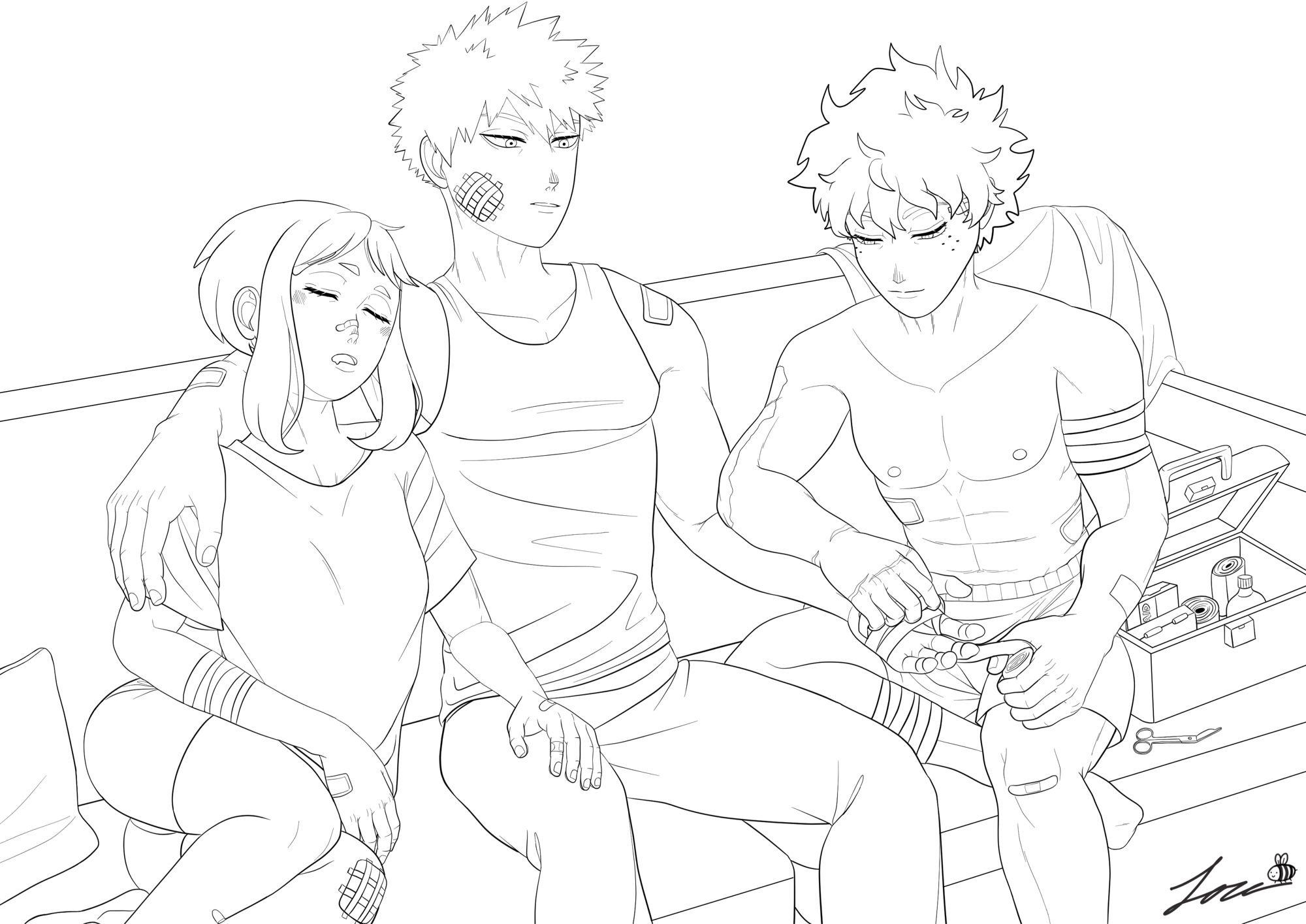 Ochako, Katsuki, and Izuku all sit close on a couch after being bandaged up post-mission. Katsuki sits in the middle with an arm around Ochako who is asleep against his shoulder. Izuku sits on his other side gently re-wrapping a bandage on his hand.