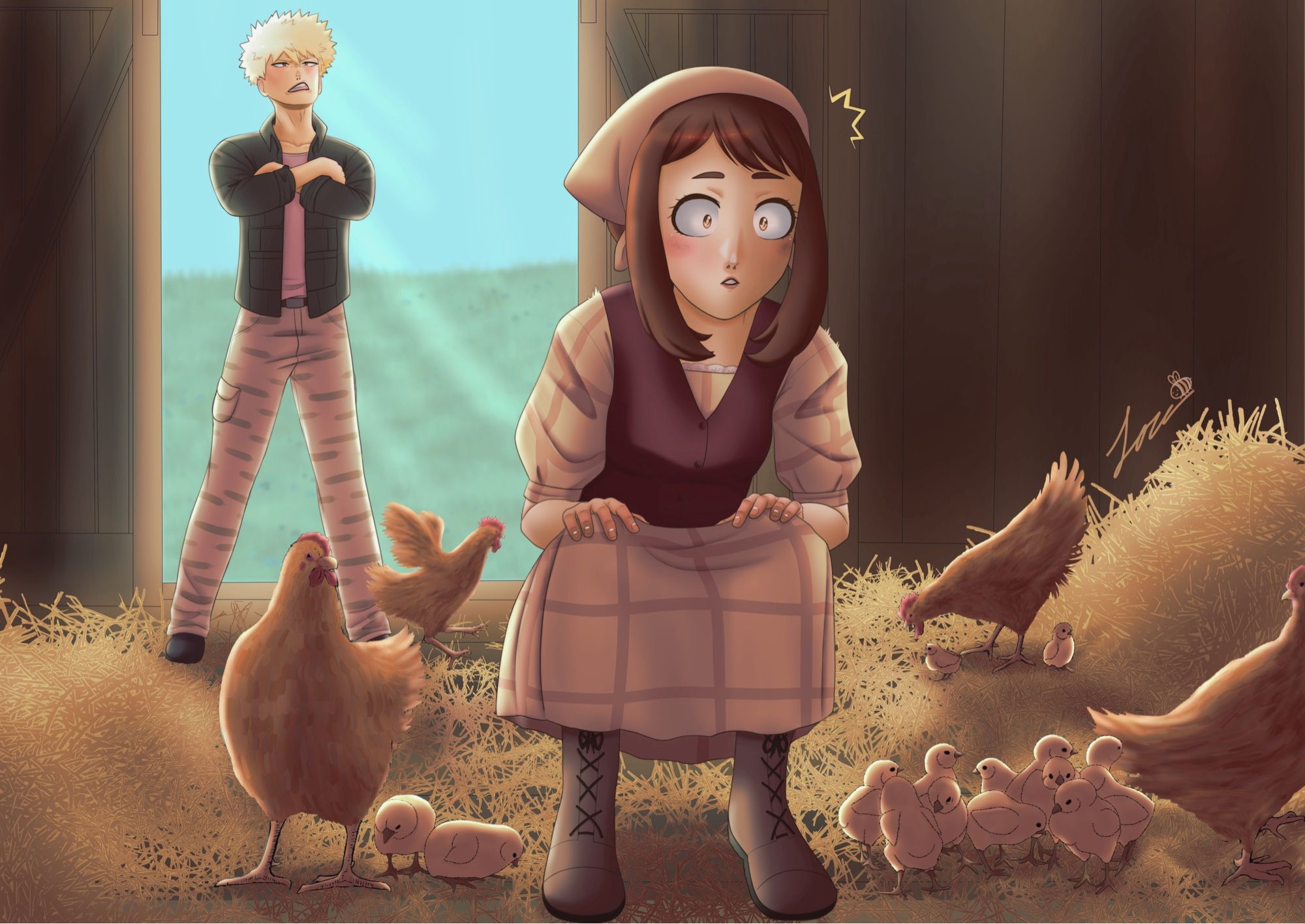 Ochako, who is new to town, squats in the middle of her neighbor’s chicken coop, admiring the birds. She startles as her neighbor, Katsuki, stands in the doorway with his arms crossed, looking annoyed and asking what she thinks she’s doing in his coop.