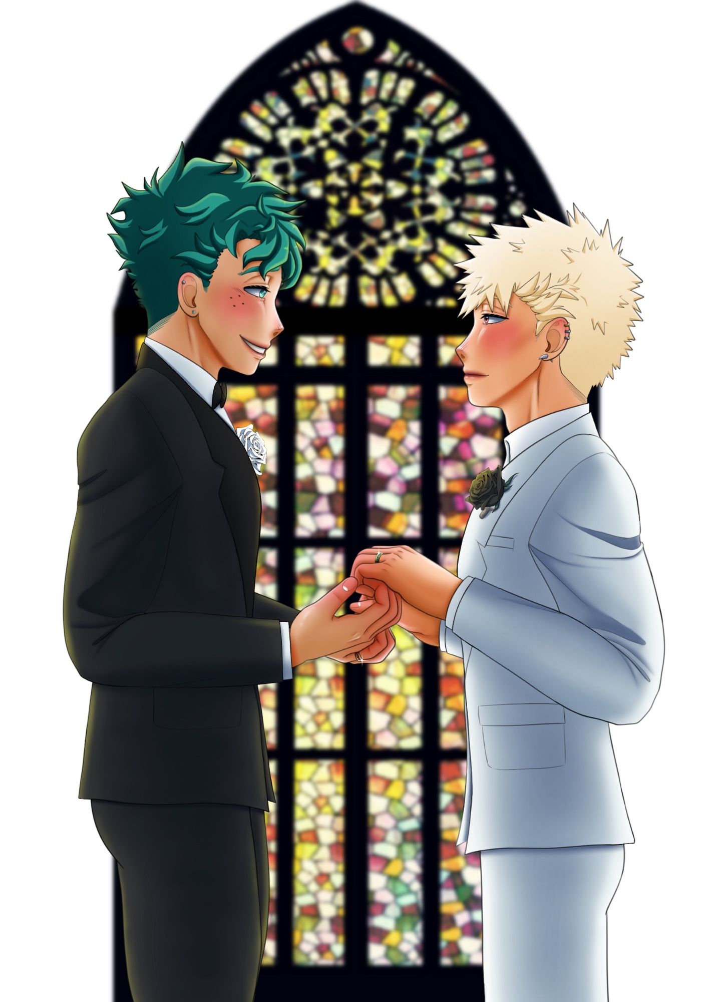 Izuku and Katsuki stand facing each other, clasping hands while staring happily into each other’s eyes. A stained glass cathedral window serves as the backdrop as Izuku stands in a black tux with a white rose boutonniere and Katsuki stands in a white tux with a black rose boutonniere. Glinting on their joined hands are matching wedding bands embedded with rubies and emeralds.