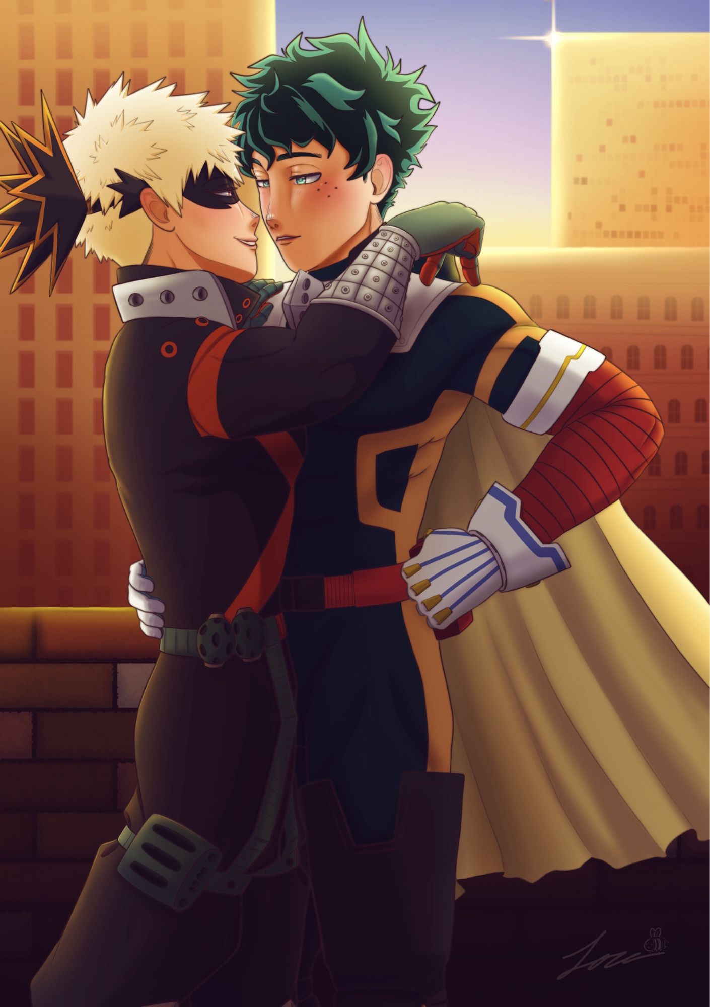 Katsuki and Izuku stand on a rooftop together in their pro hero costumes. The sun is setting along the cityscape in the background as Katsuki leans into Izuku’s chest and walks fingers along his shoulder. Izuku’s hand is on Katsuki’s hip as Katsuki leans in, almost close enough to kiss.