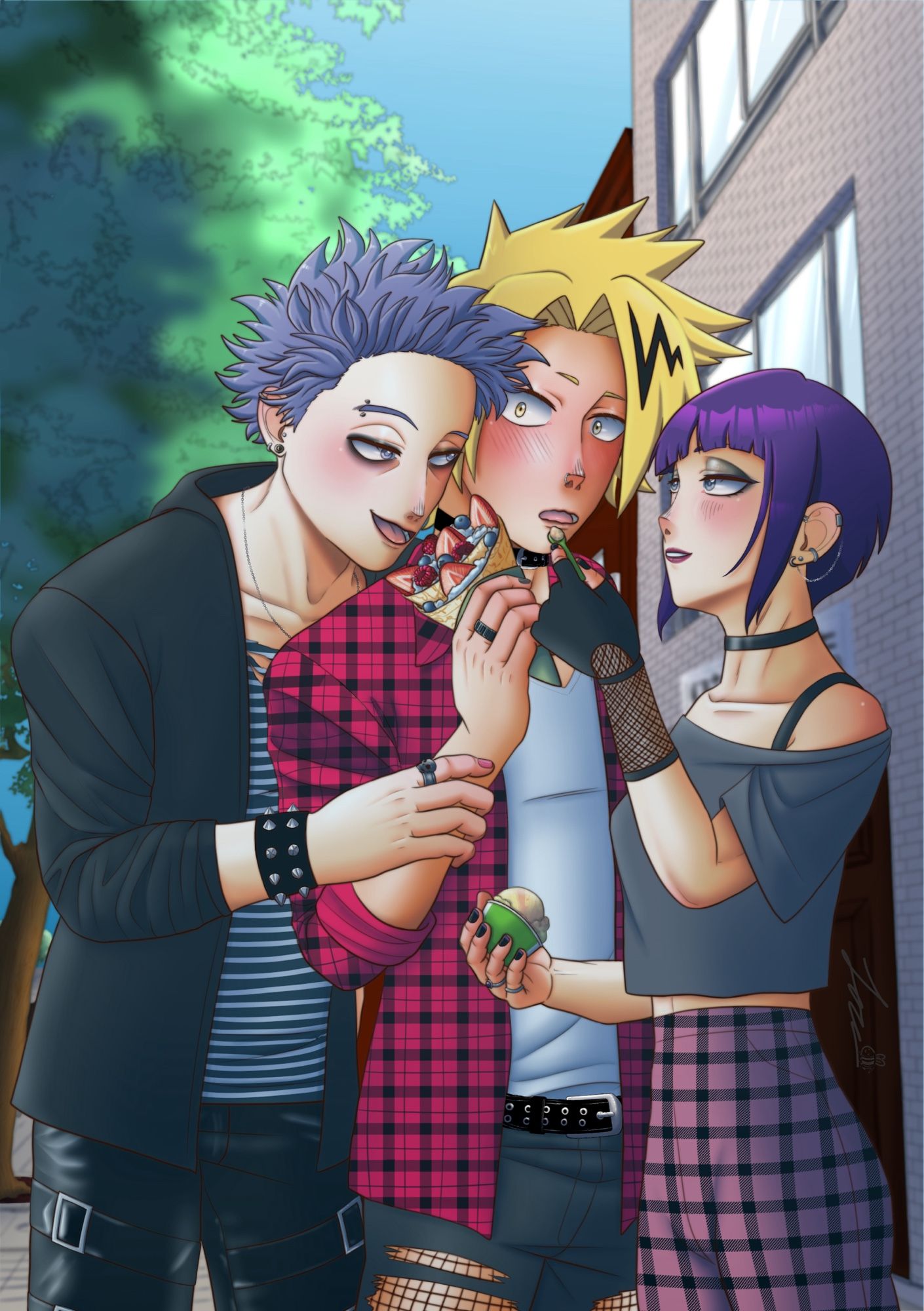 Shinso and Jiro close in on a flustered Kaminari while out on a first date. Shinso stands behind Kaminari and leans over his shoulder, gently pulling Kaminari’s wrist which holds a crepe toward his open mouth. Jiro stands at Kaminari’s front holding a cup of sherbet and leans in to bring a spoonful of the treat toward his mouth.