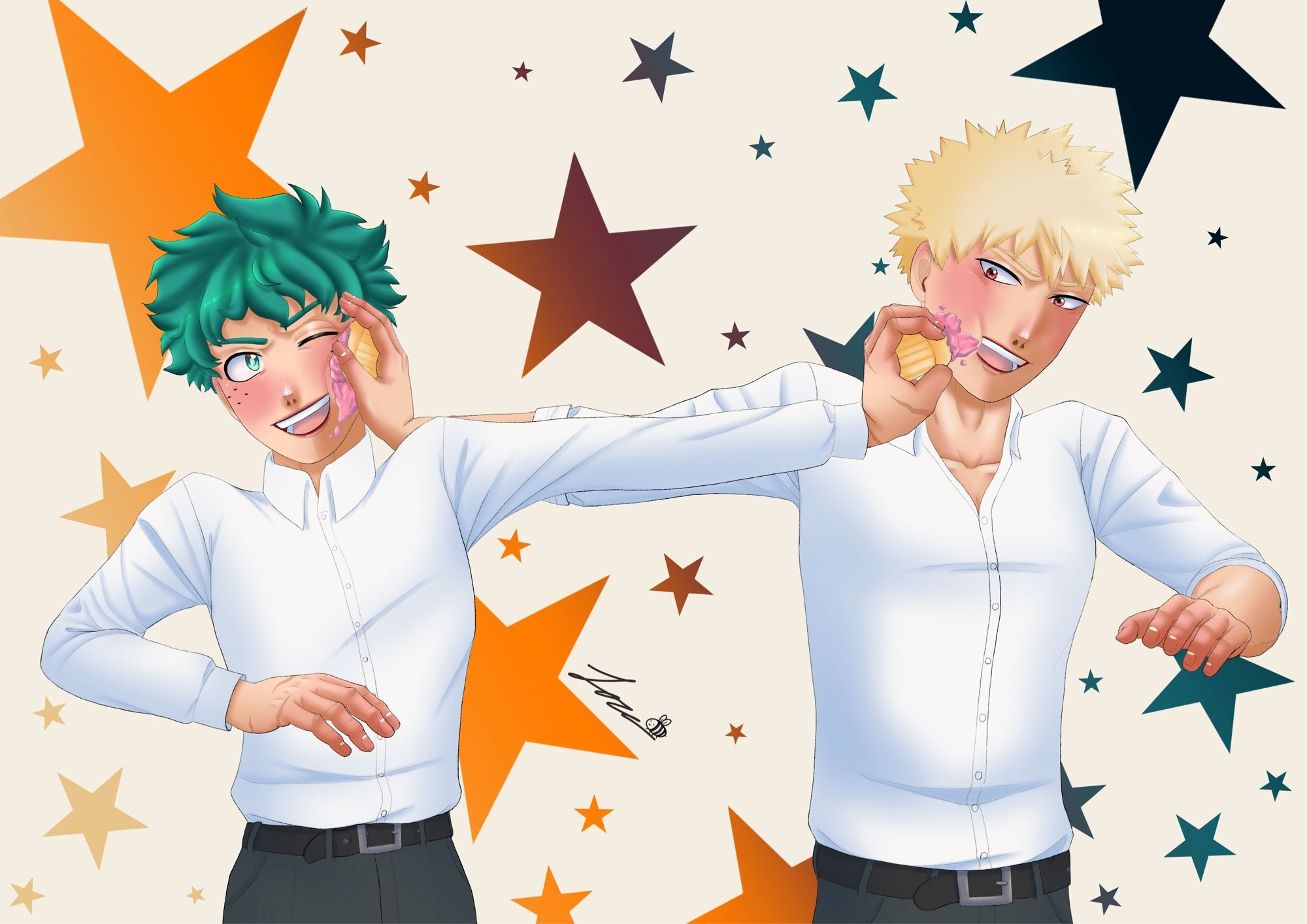 Katsuki and Izuku stand side by side and smash a cupcake into the other’s face. They each lean away while laughing and smearing pink frosting on each other’s cheeks.