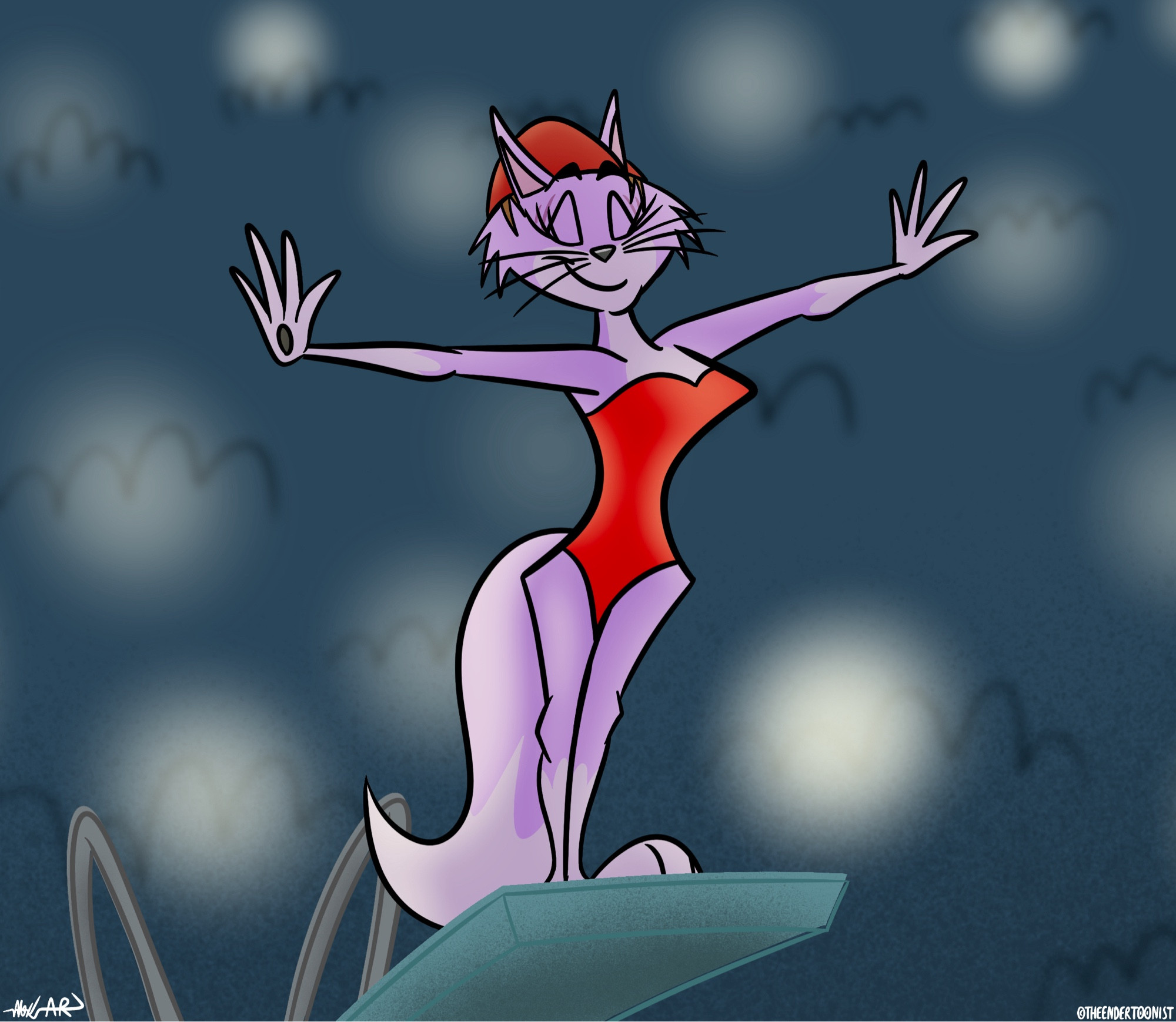 My third drawing in relation to the games at the Paris Olympics of 2024 shows Kira Kitty (Kaleo Fox) as a professional swimmer, ready to dive from the diving board, as cameras flash at her as if she is the most wanted star!