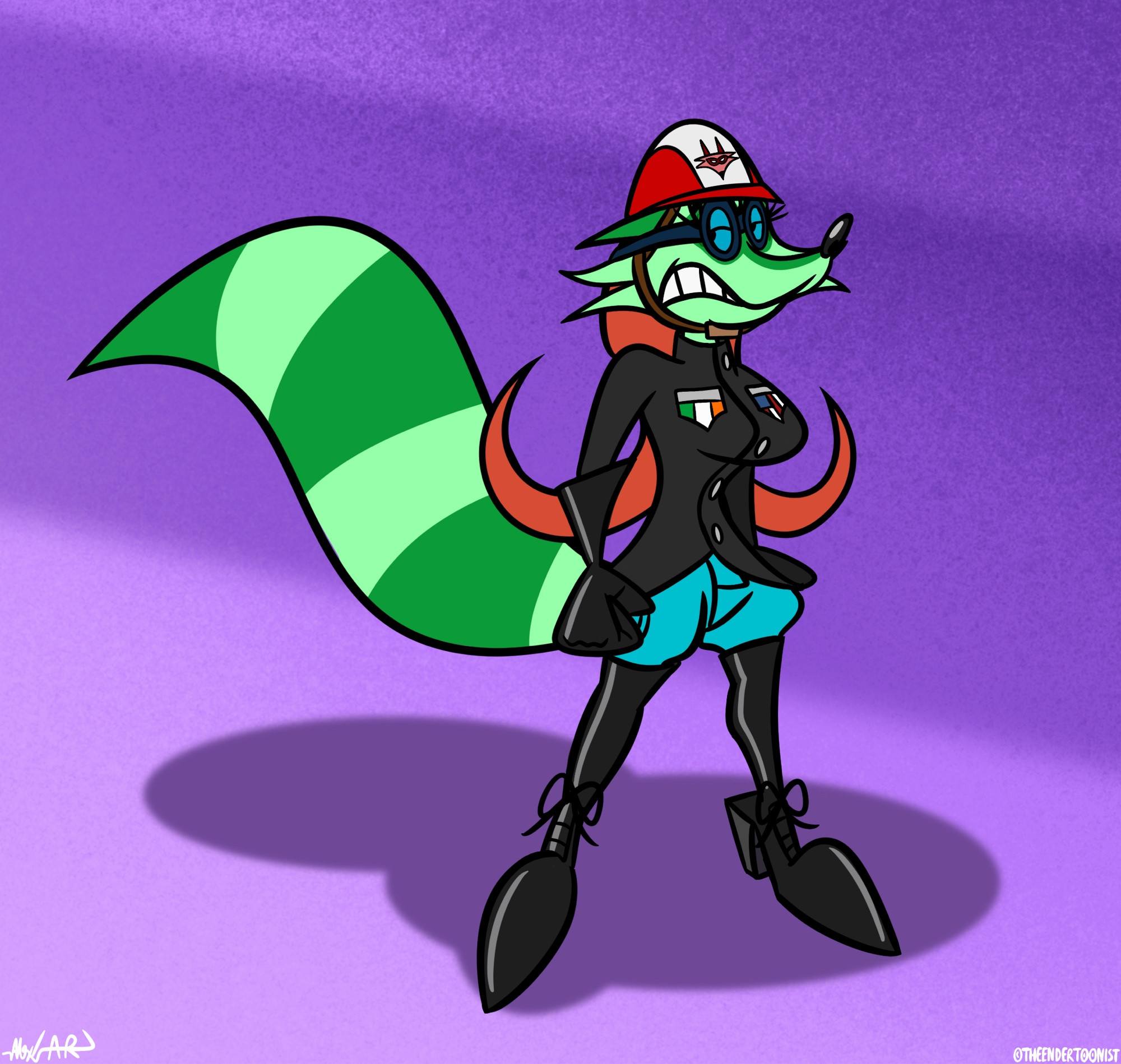 Rae Raccoon is portrayed as the Rac Rider, who does many things, like black belt, tackling criminals, flying planes, racing hot rods and riding horses! One year after I created her outfit, I have decided to bump it up to a brief redesign.