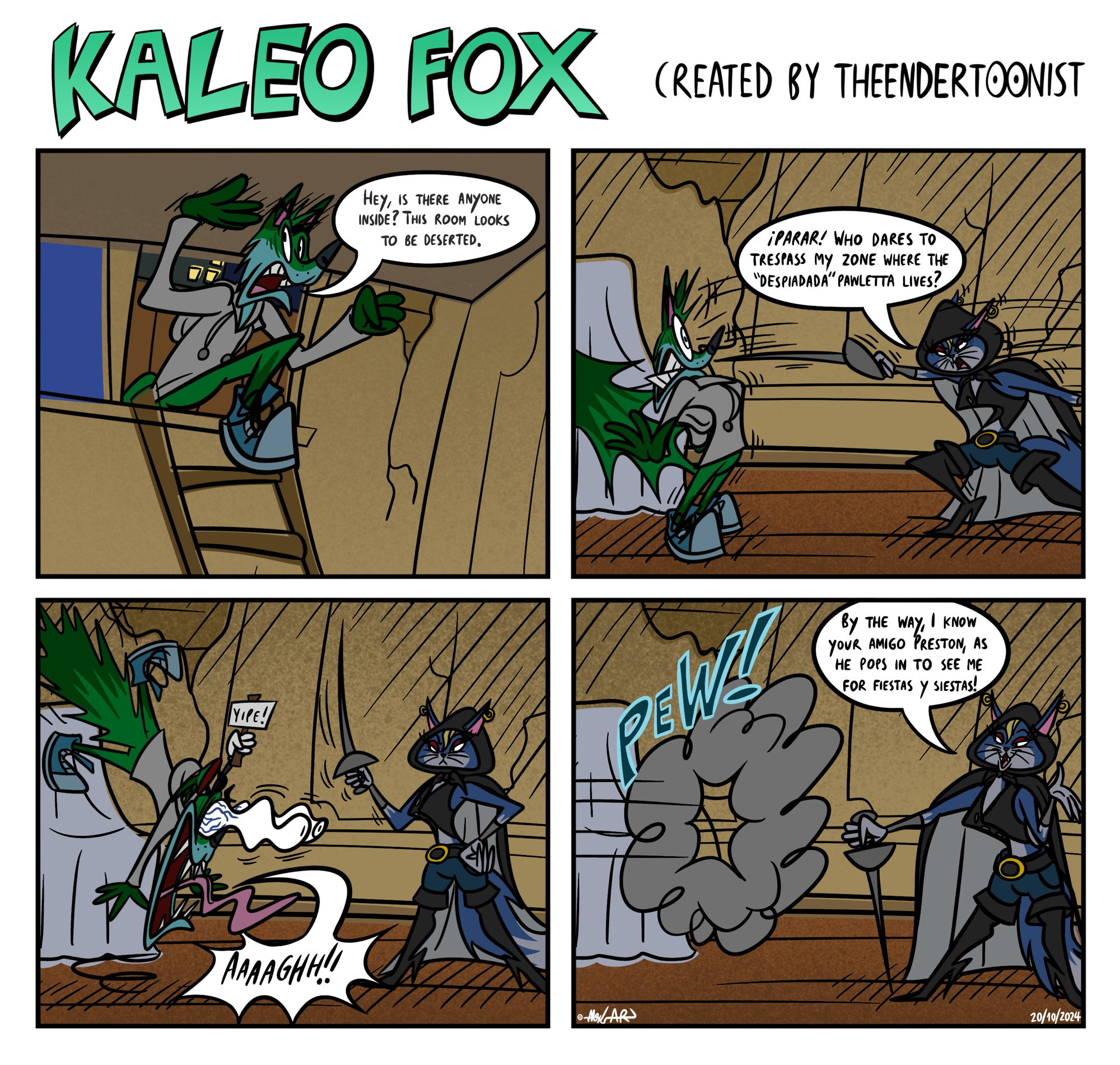 In this webcomic, Kaleo Fox goes through an open window leading to a burrow, introducing someone out of the darkness…Pawletta! 