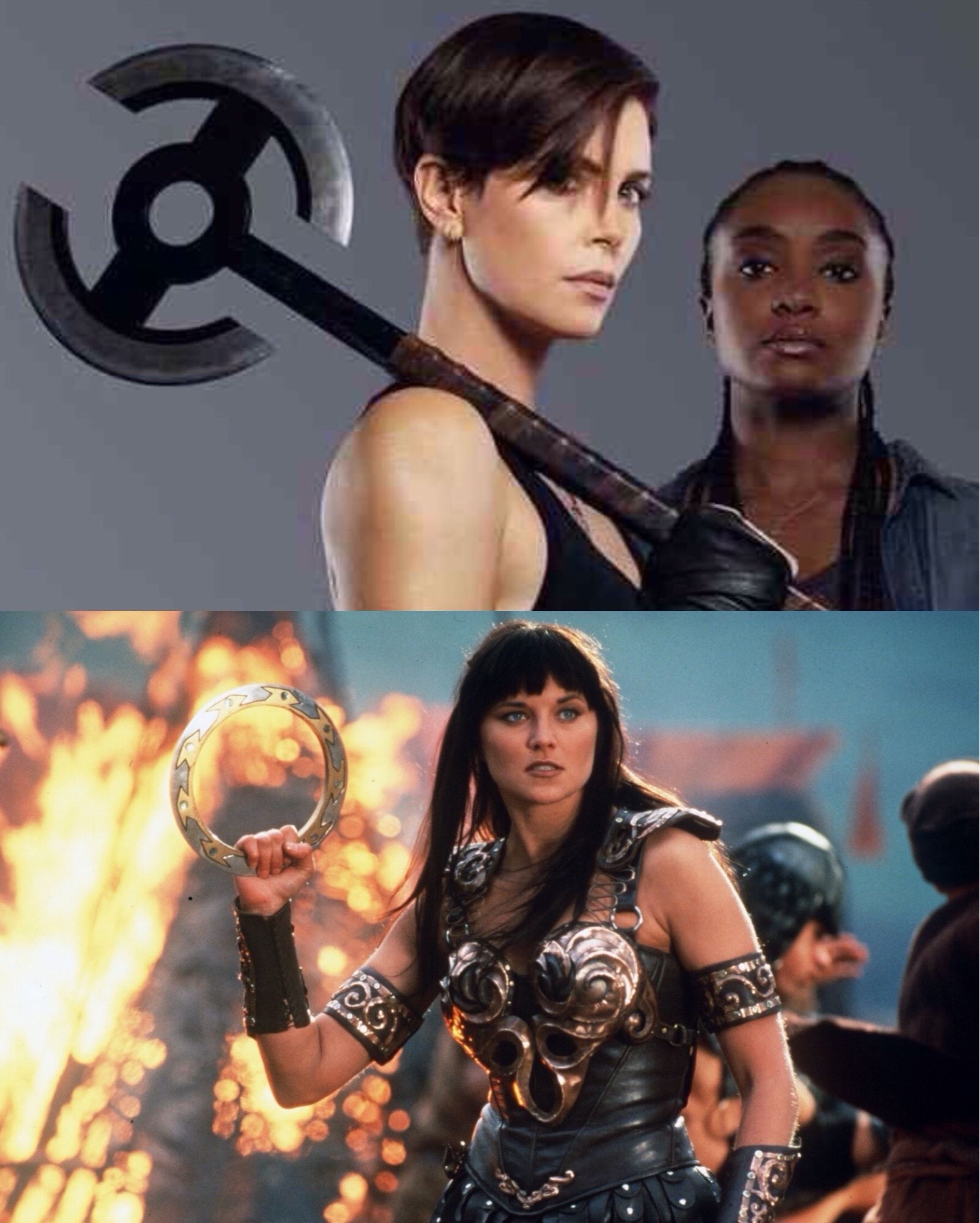 Charlize Theron as a Lesbian Immortal Warrior in Old Guard, and Lucy Lawless in Xena