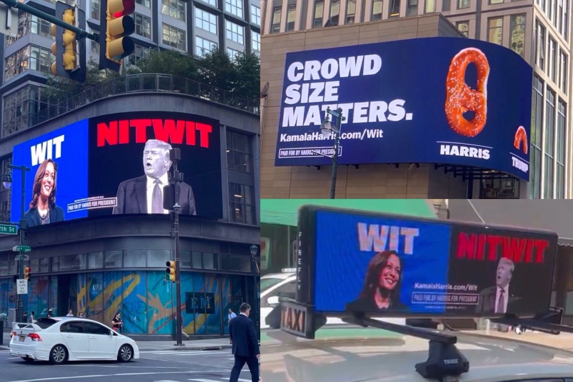 Harris billboards and taxi adverts comparing Wit (Harris) and Nitwit (Trump) as needling the Orange size queen with “Crowd Size Matters” jabs.